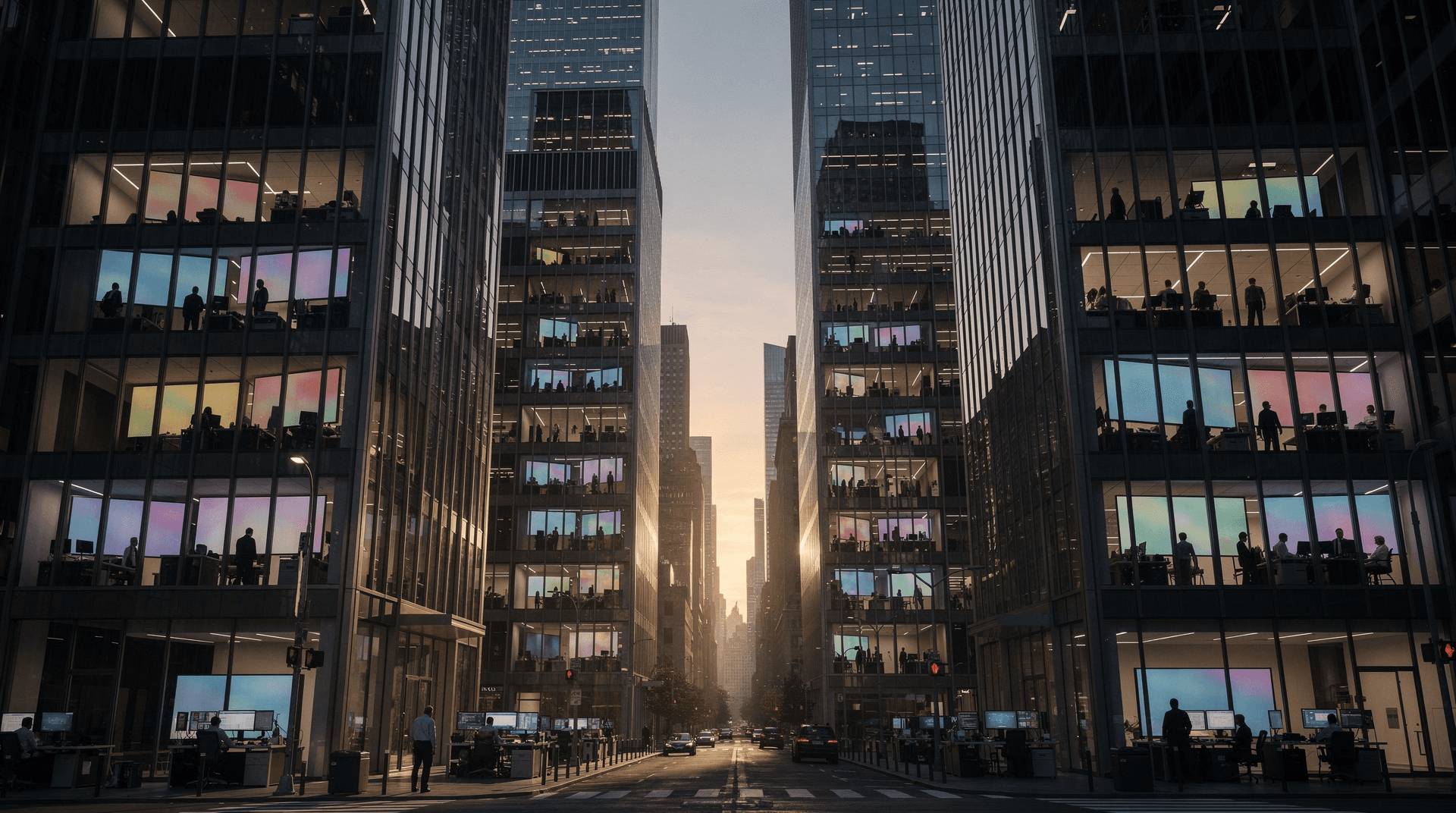 View of a city street lined with modern glass office buildings, many windows showing people working inside, with a sunset glow.