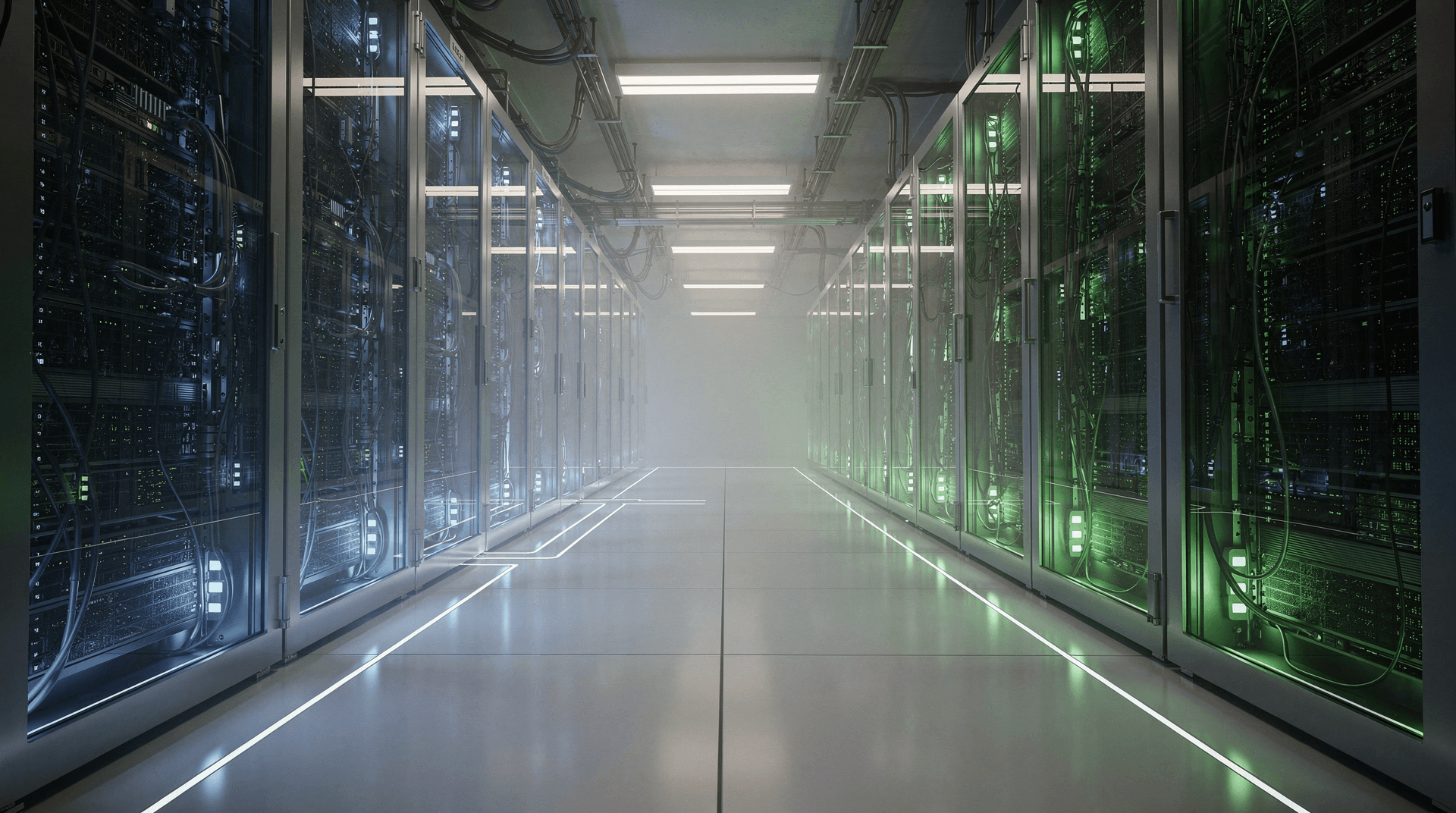 A long, dimly lit server room corridor with rows of glowing server racks on either side, receding into a misty distance.