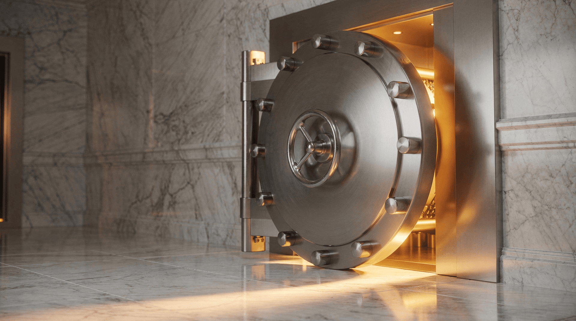 An opened, round, heavy metal bank vault door with a central wheel handle, partially revealing a glowing interior within a marble room.
