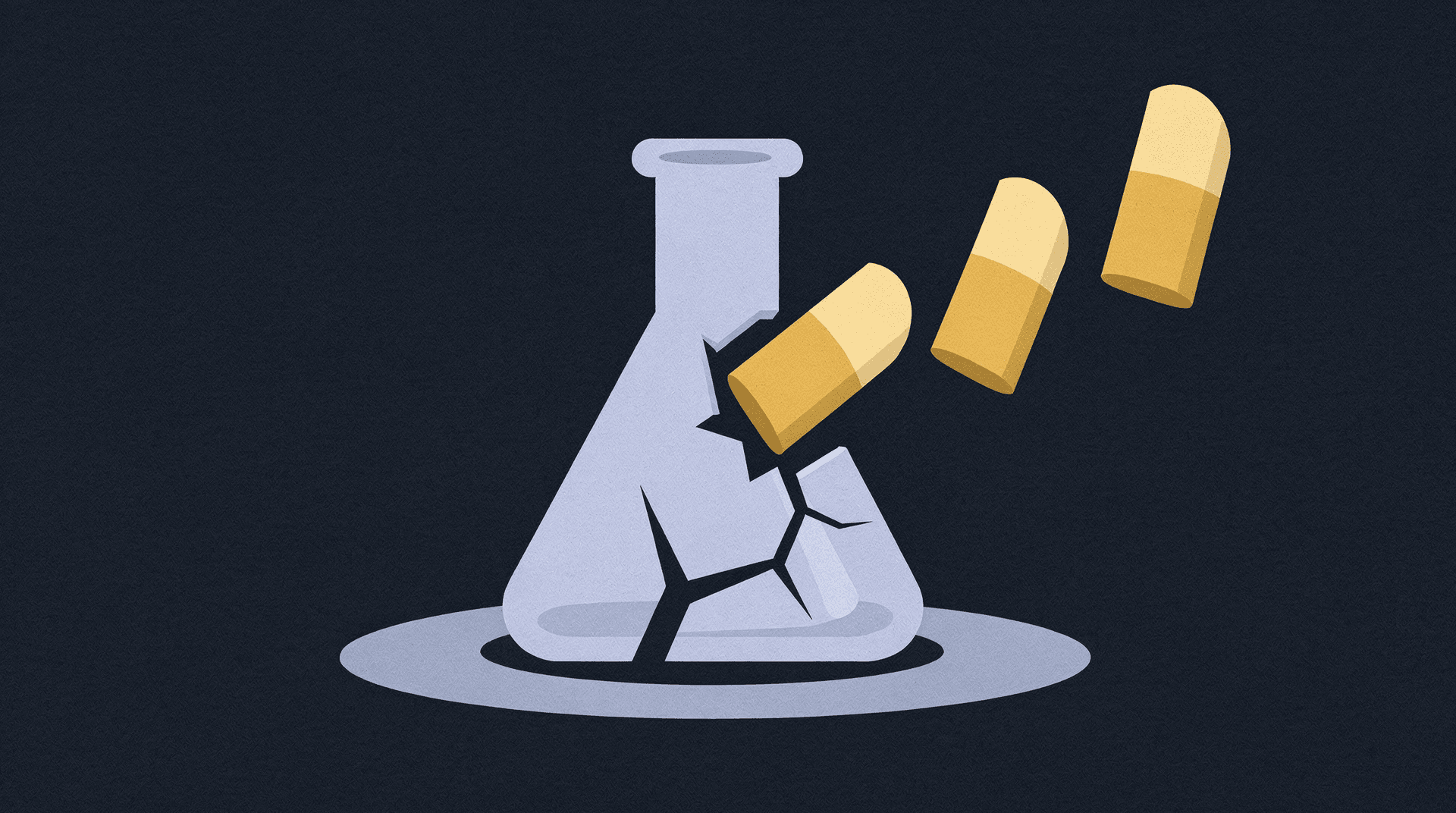 An illustration of a light-grey broken conical flask on a grey circular base, with three light-yellow and beige pills falling out, against a dark blue textured background.