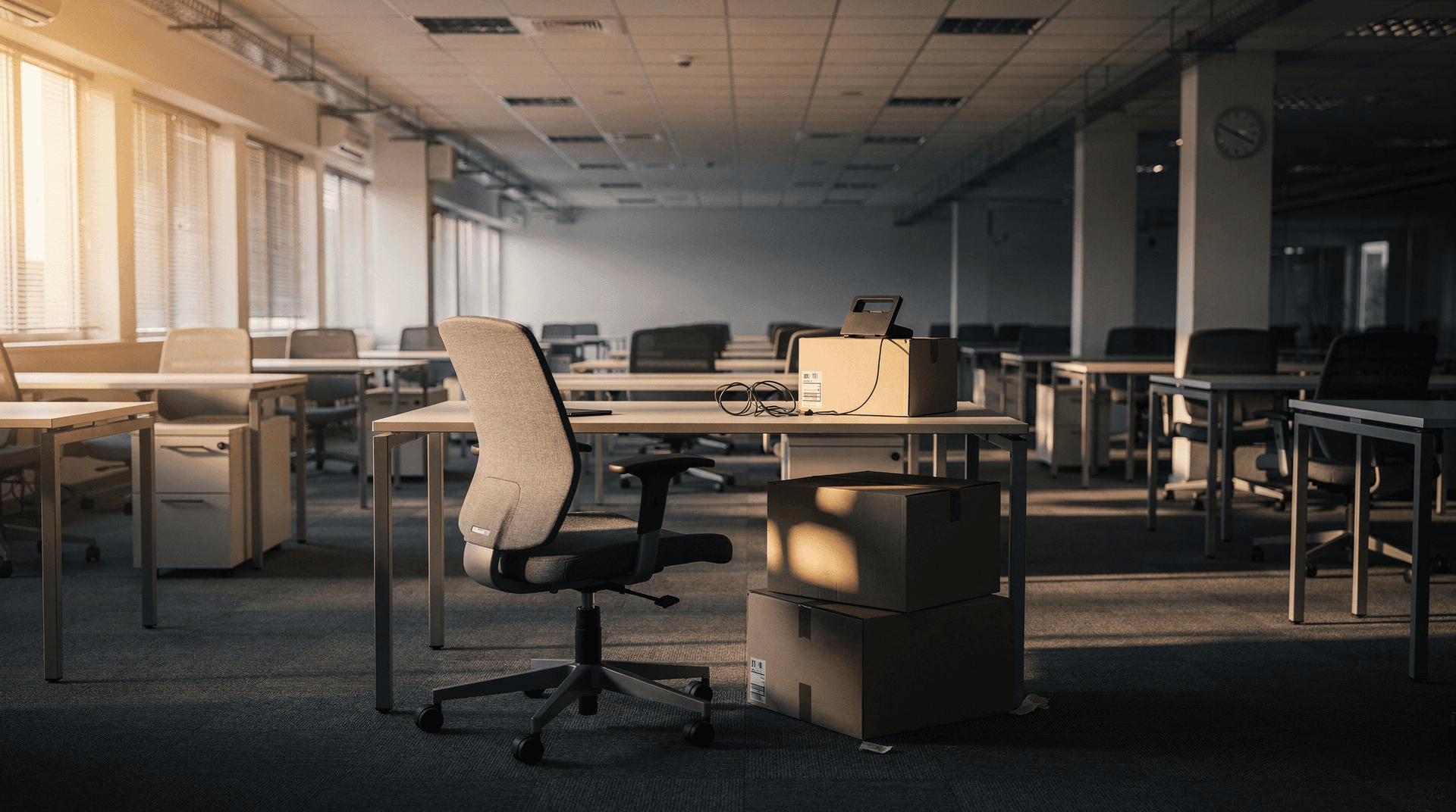 Empty office desks at dawn, one chair pulled out, morning light through blinds, boxes stacked nearby