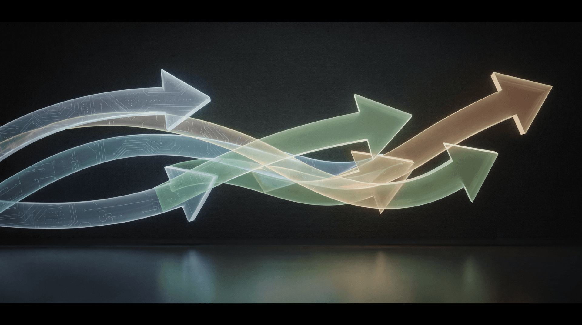 Multiple translucent, glowing arrows in shades of blue, green, and orange, some with circuit board patterns, rotate across a dark background.