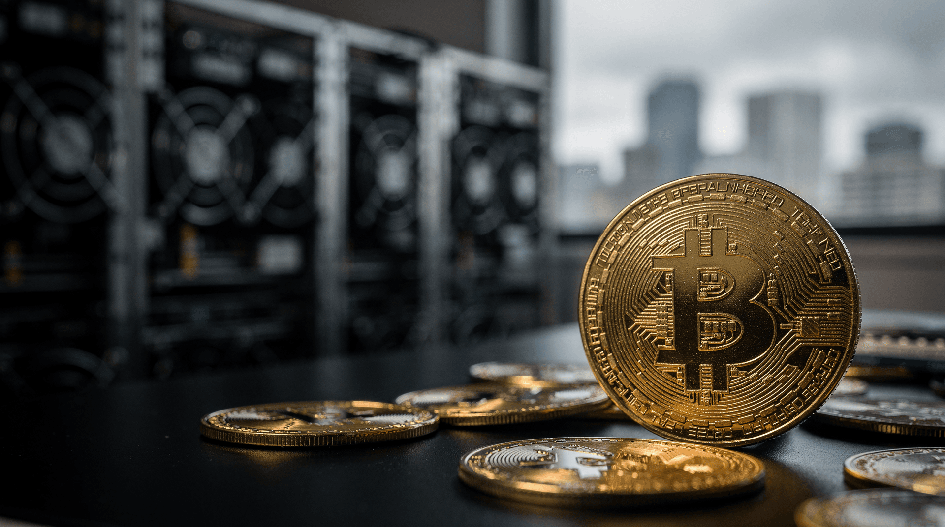 Close-up of a gold Bitcoin standing upright, with other Bitcoins scattered, and blurred crypto mining rigs in the background.