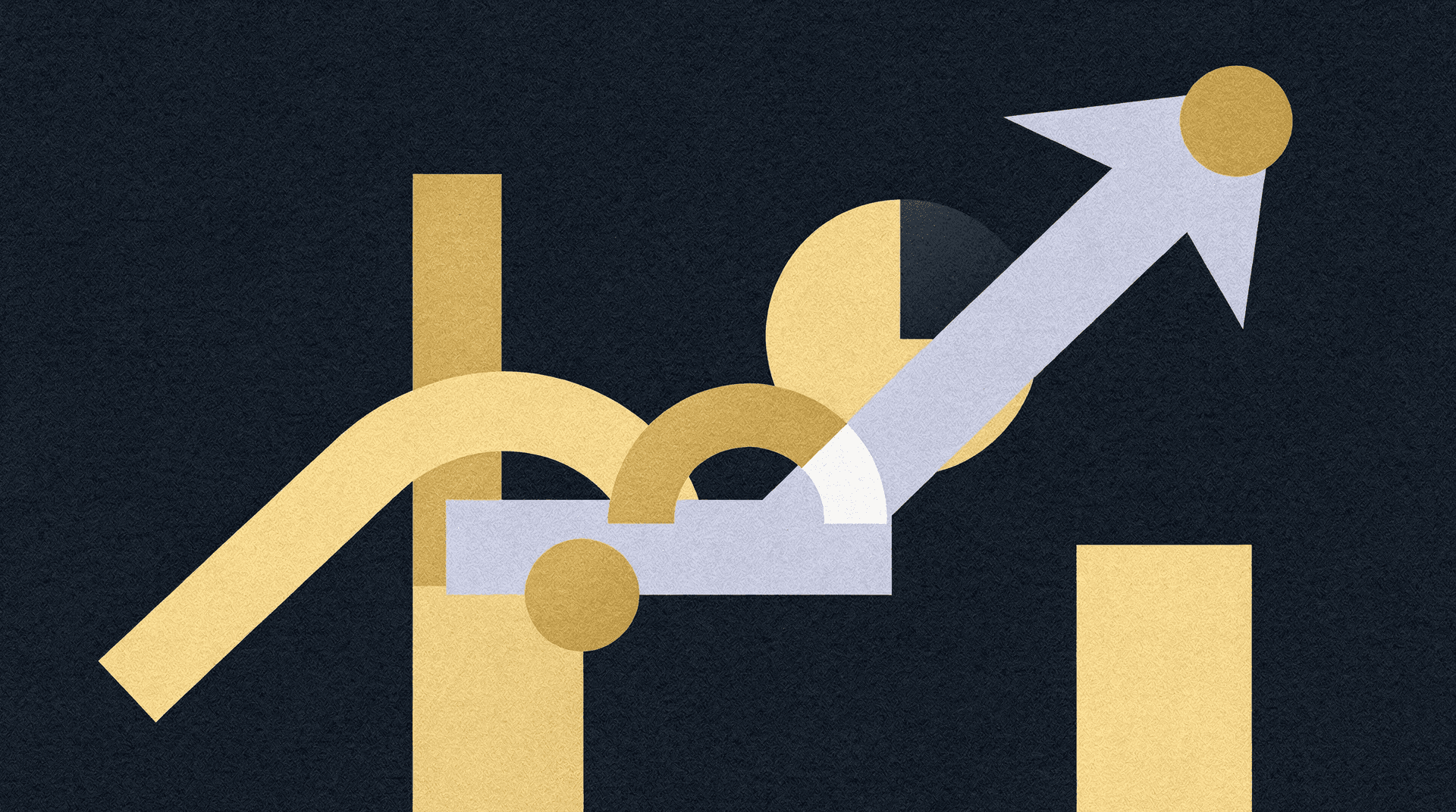 Geometric editorial illustration of an upward arrow breaking through bar shapes