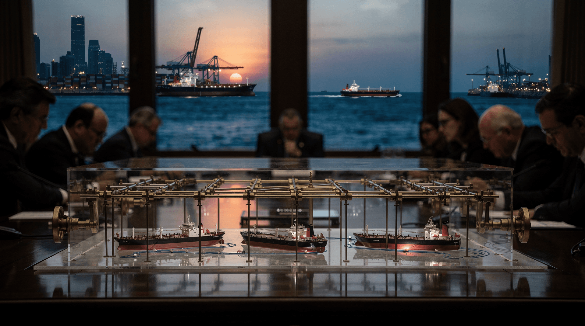 People in a meeting room with a detailed transparent model of oil tankers and infrastructure on the table, overlooking a port with ships and city lights at sunset.