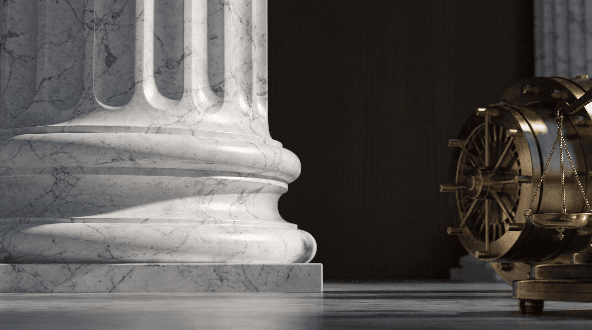 Close-up of a white marble column on the left, with a gold bank vault door and brass scales of justice on the right.