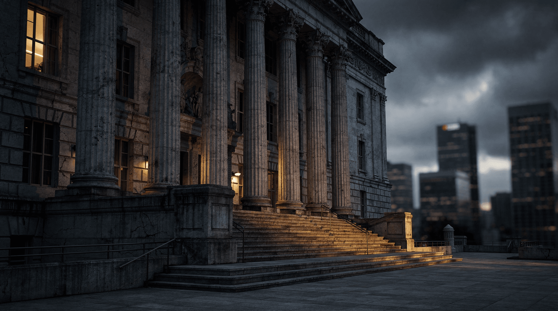 Stone-columned government building glowing gold at dusk beneath a gathering storm over a distant skyline.