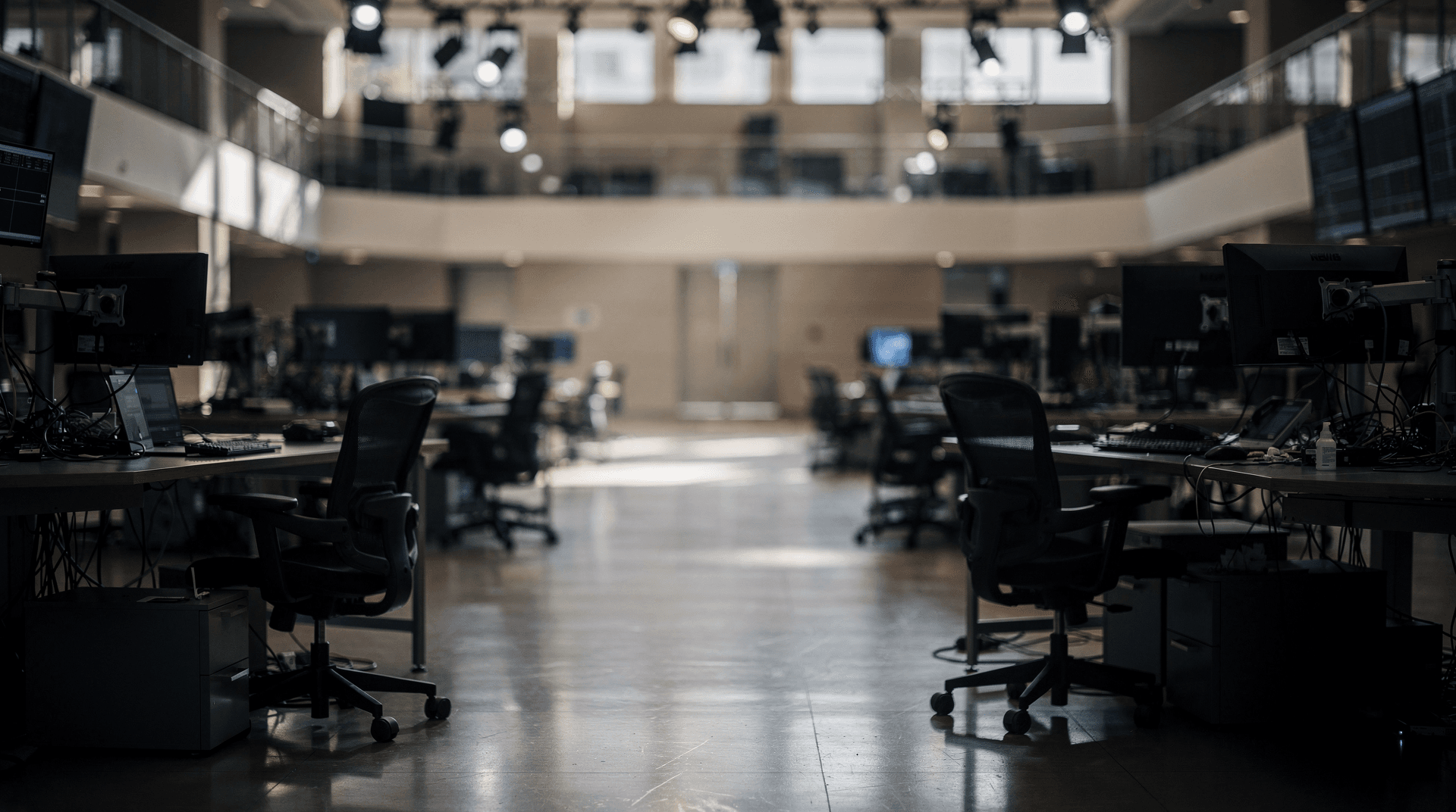 An empty, modern trading floor or open-plan office space with numerous computer monitors and chairs, seen from a low angle.
