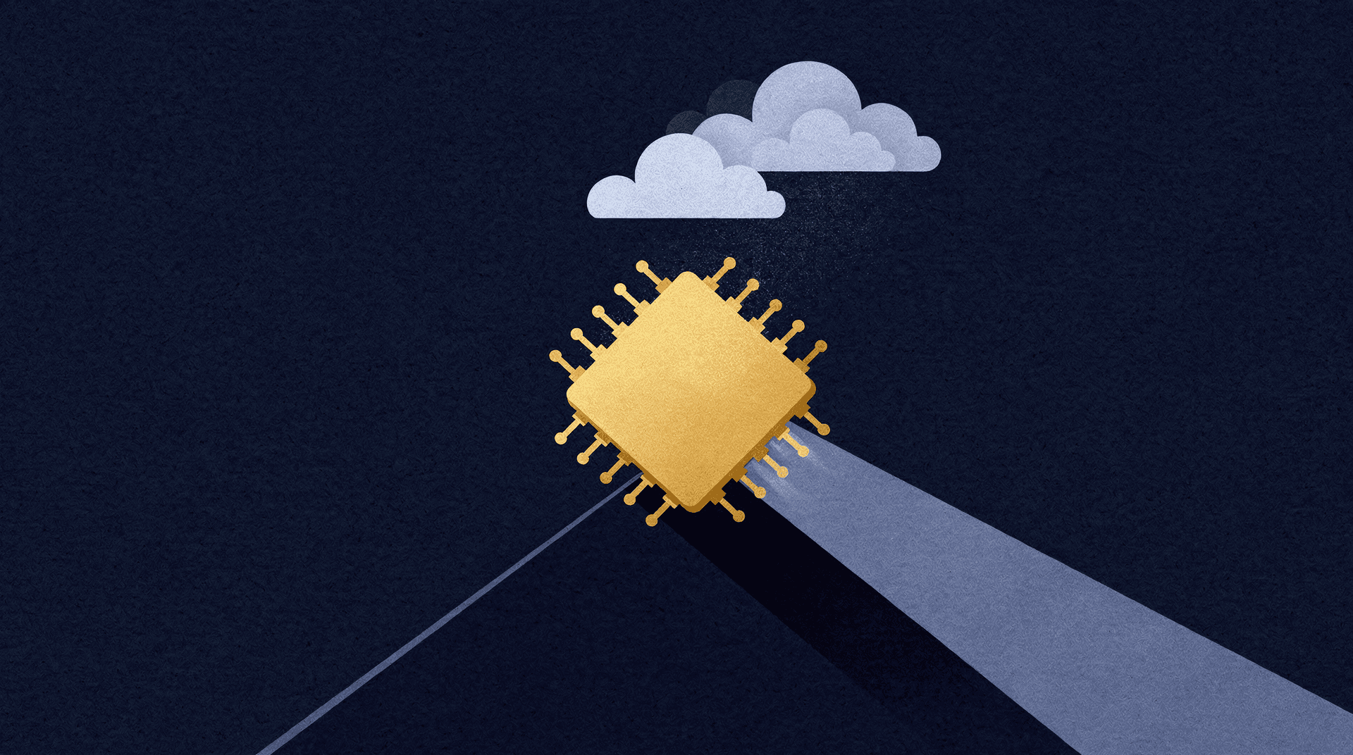 A golden computer chip in the center with light blue clouds above it and a beam of light shining from it into the bottom right corner, all on a dark blue textured background.