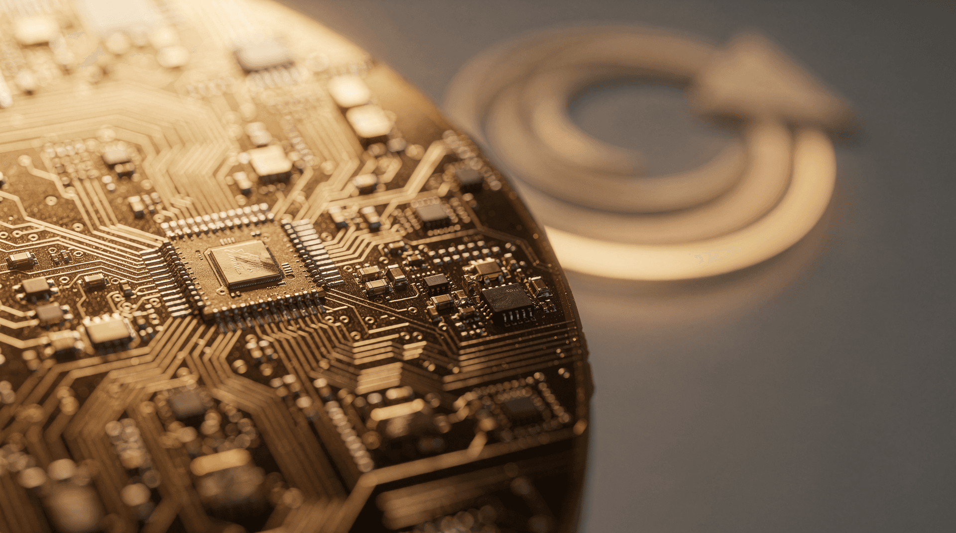 Close-up of a gold-colored circuit board with microchips and other components, with a blurred circular arrow in the background.