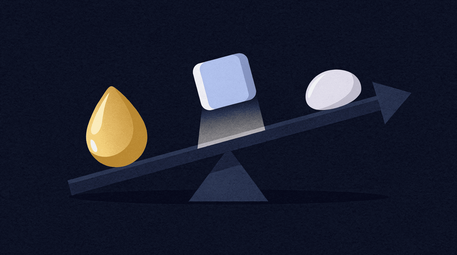 A stylized seesaw balancing a golden drop on one side and a white oval on the other, with a blue cube above the fulcrum.