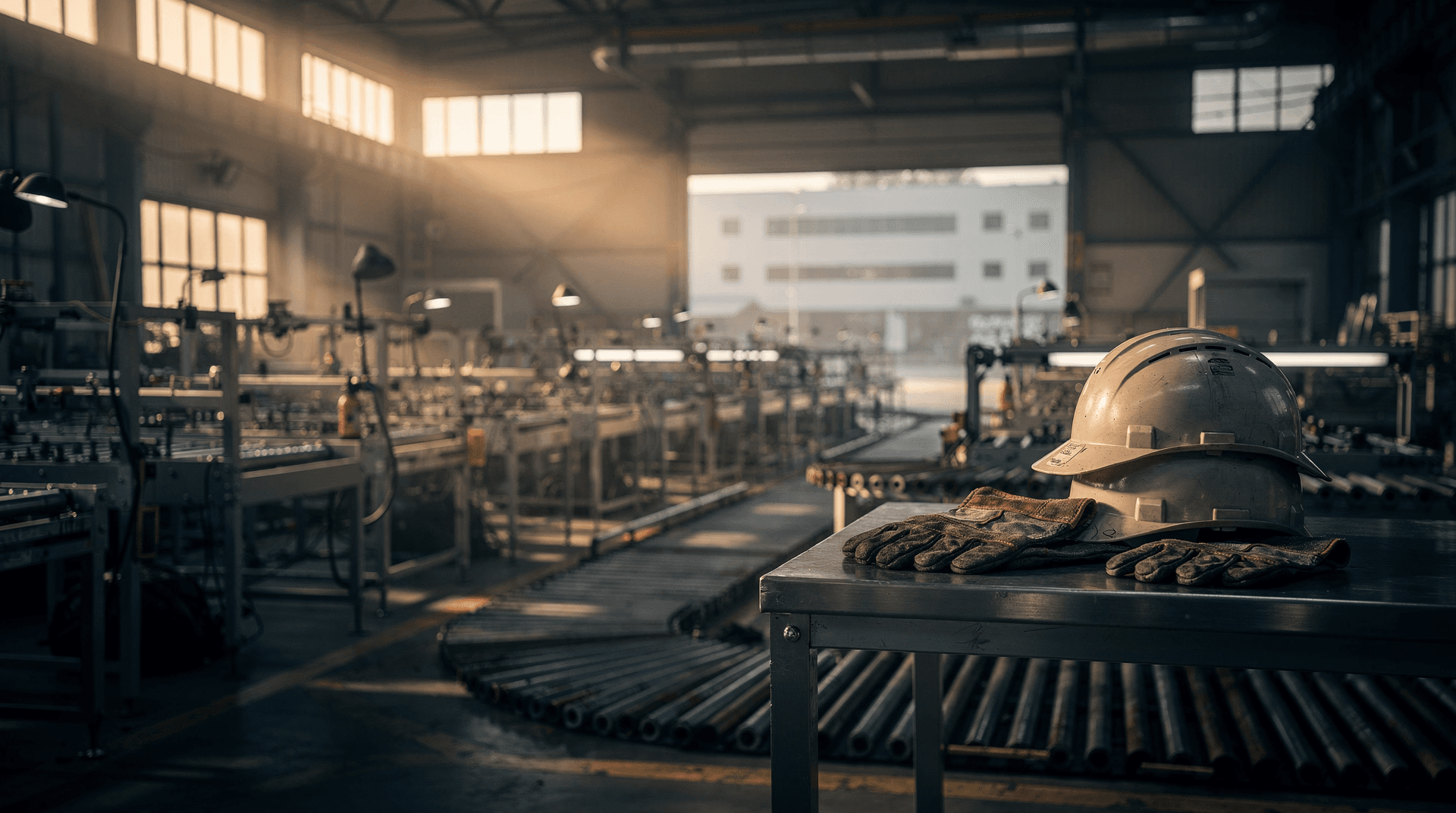 Sunlit factory floor with empty assembly-line stations and a hazy government building silhouette in the distance.