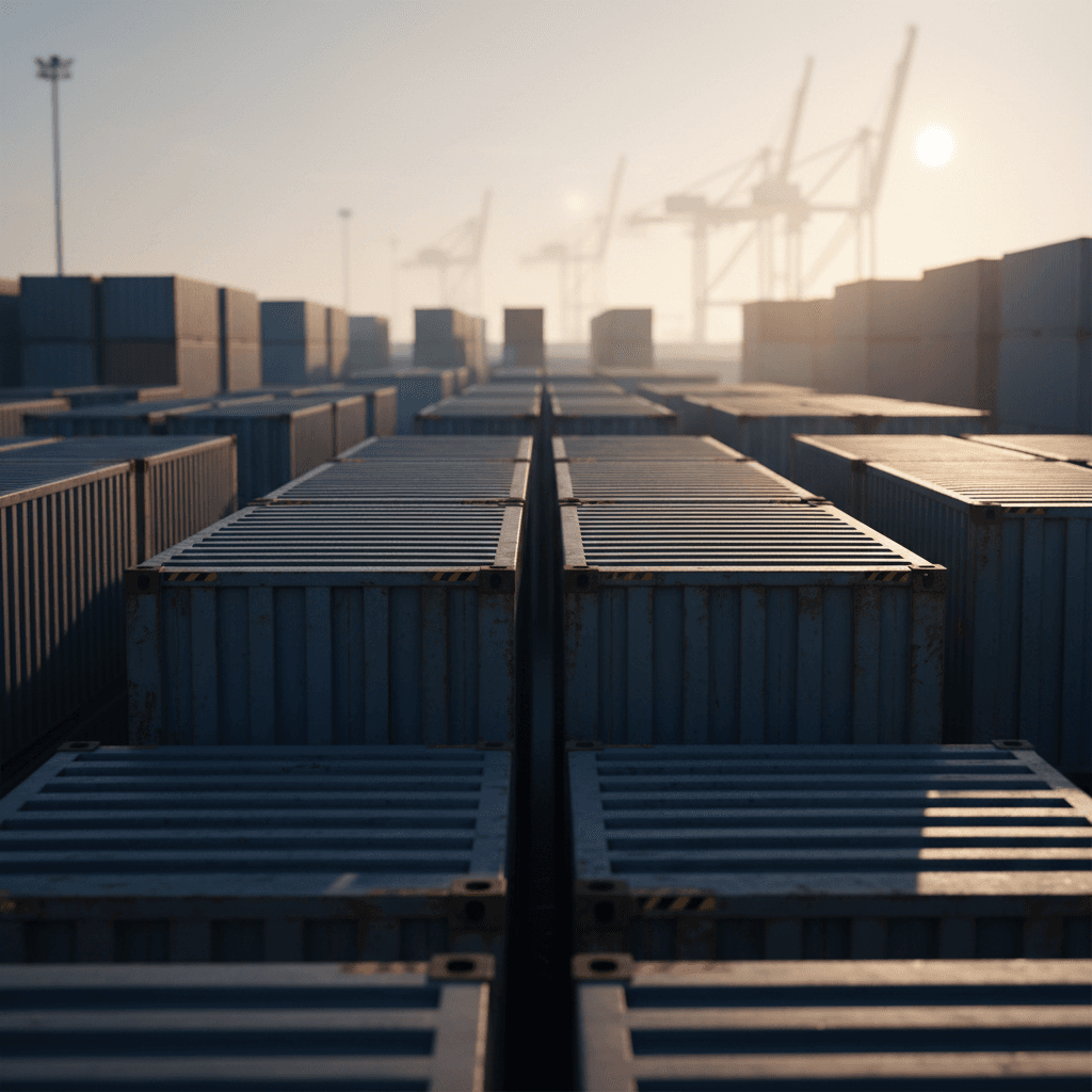 Stacked shipping containers at dawn in an industrial yard