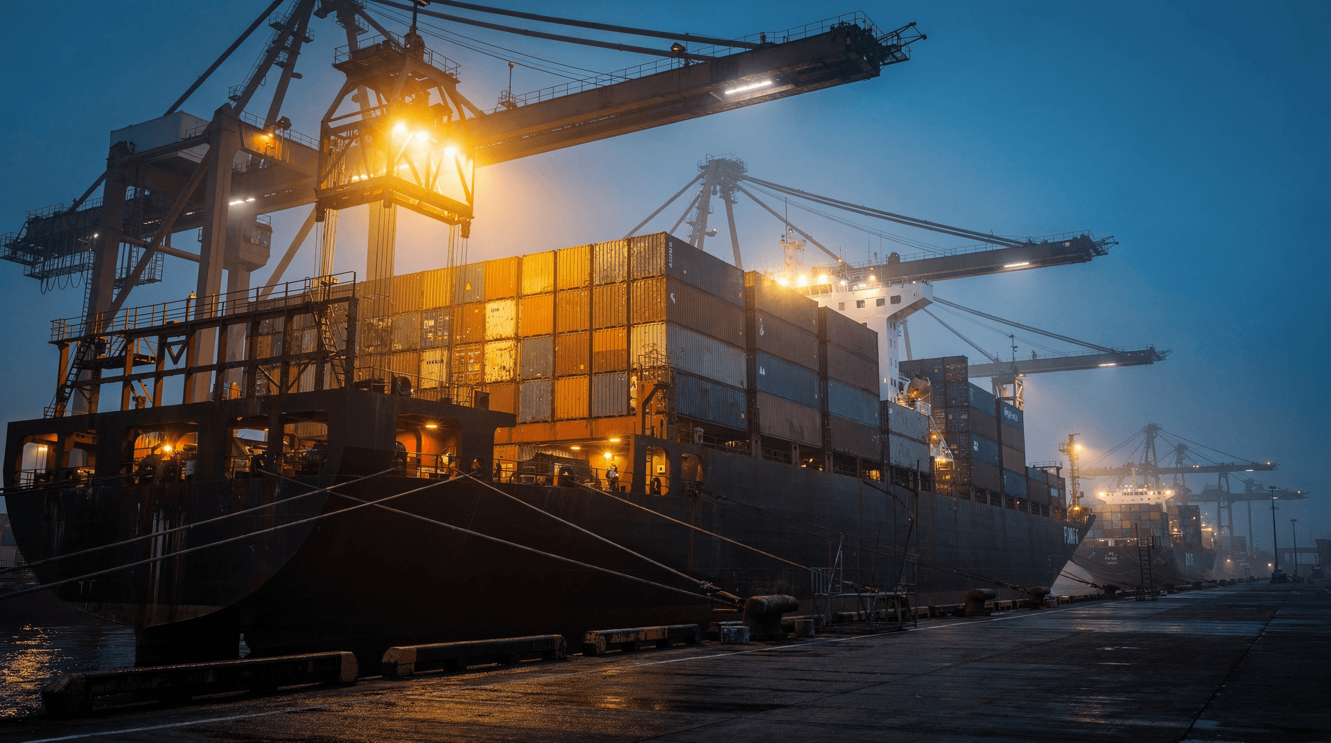 Dockside at dusk: one container ship being loaded under bright cranes, a second idle ship dim in the distance.