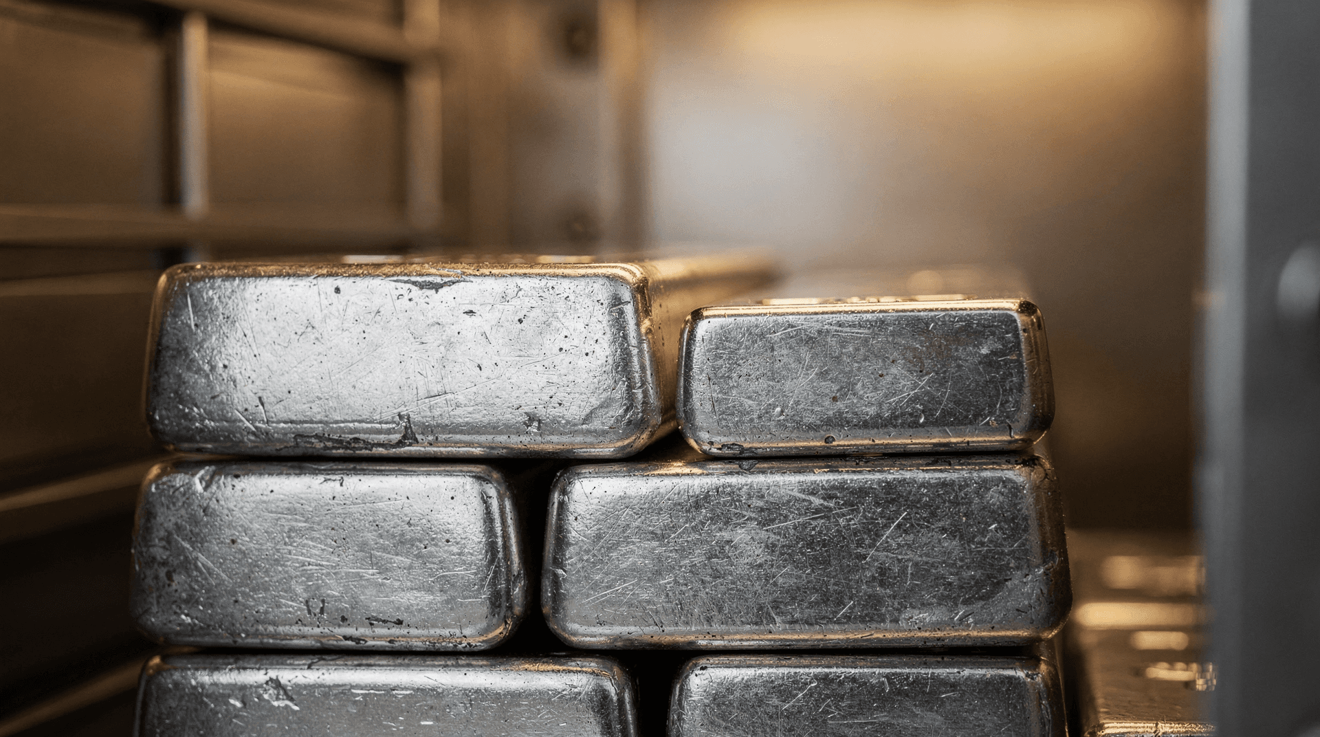 Stacked silver bars in a vault with warm lighting