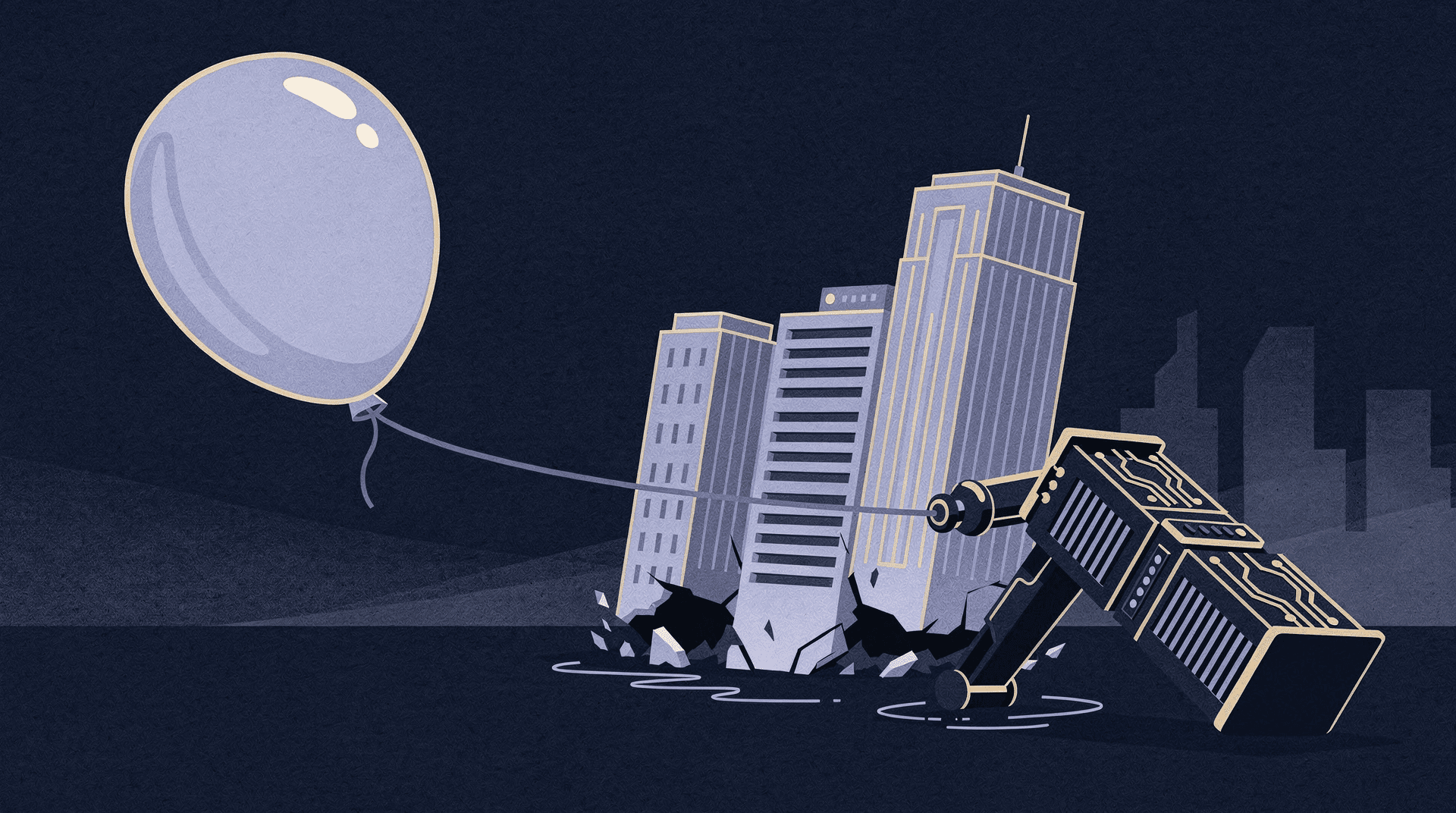 An oversized circuit-board-patterned hammer cracks the ground, causing skyscrapers to tilt, while a balloon floats above.