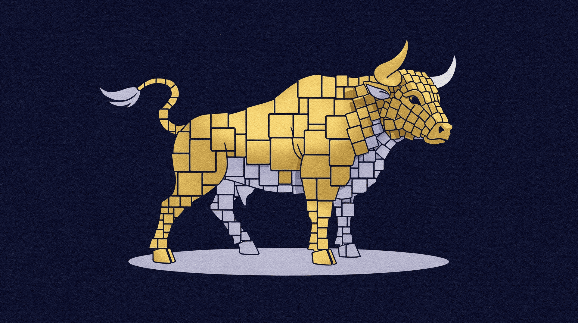 A stylized bull, composed of golden and silver rectangular blocks, stands on a light gray oval against a dark blue textured background.