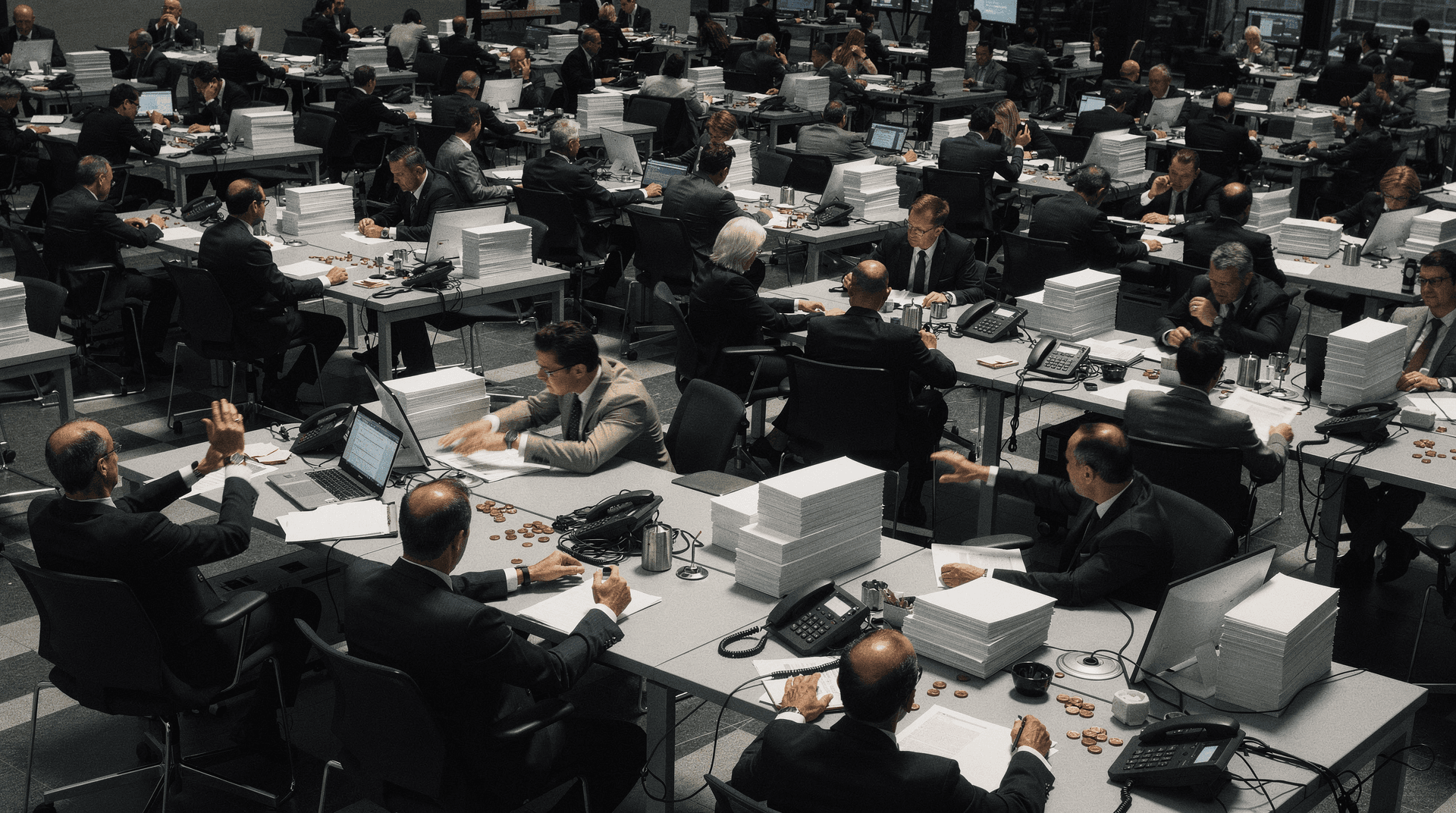 An overhead view of a large trading room filled with numerous traders in suits at individual desks, piles of paper, and phones.