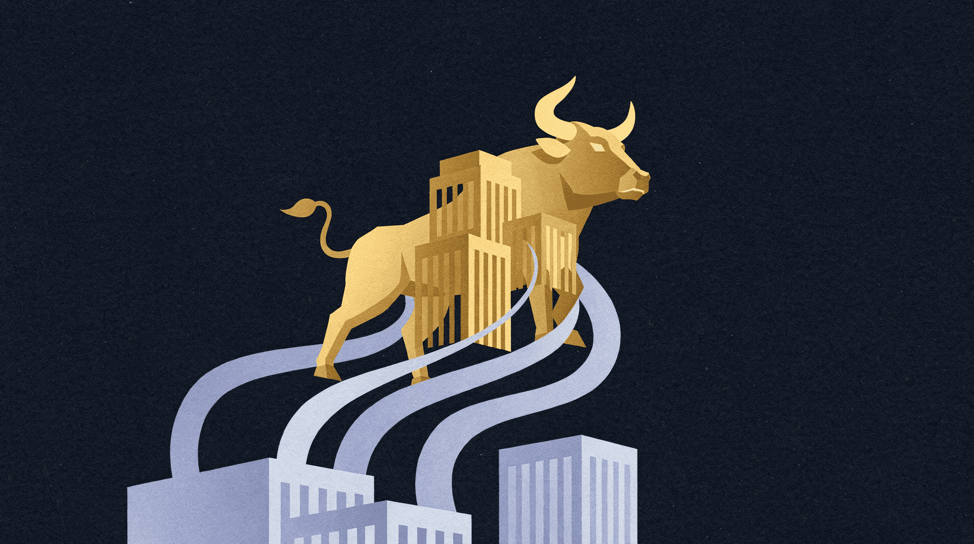 stylized golden bull with skyscrapers on its back, standing on vapor trails rising from other buildings against a dark background.