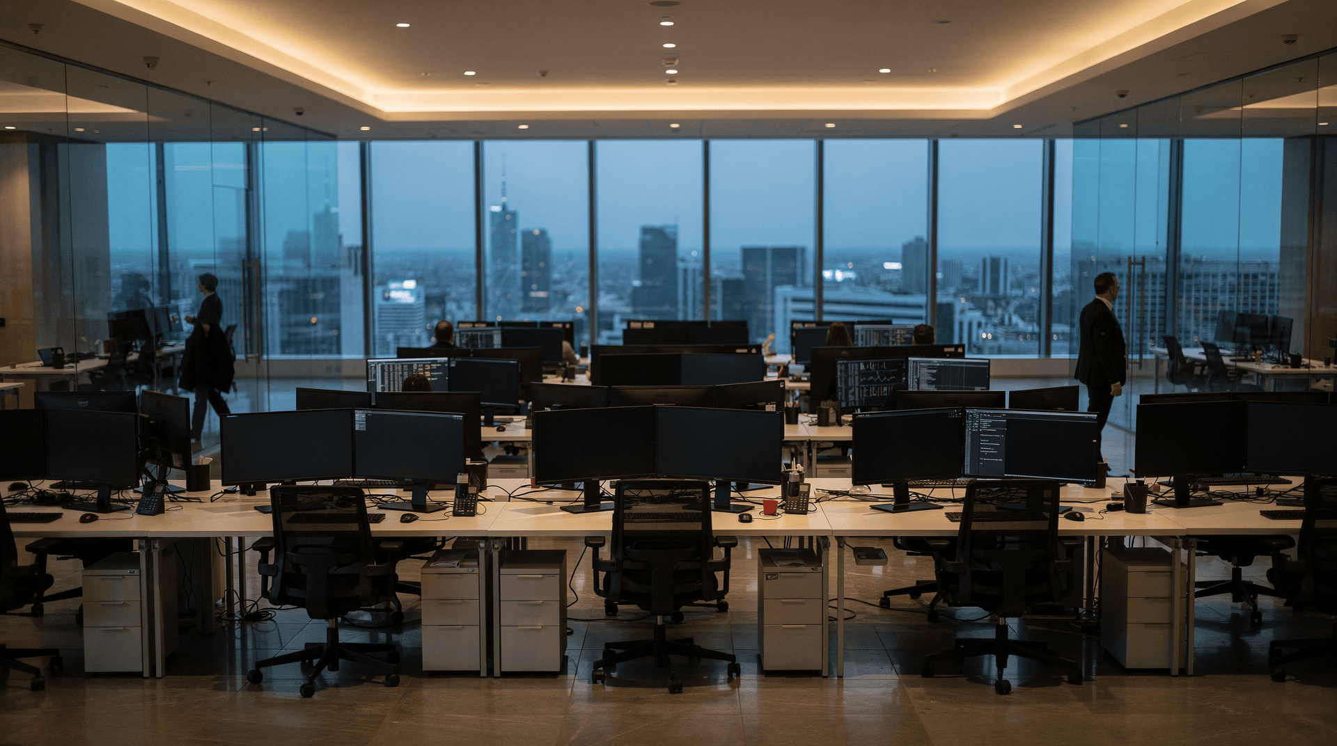 An empty trading floor with rows of multiple computer monitors on desks, a city skyline visible through large windows.