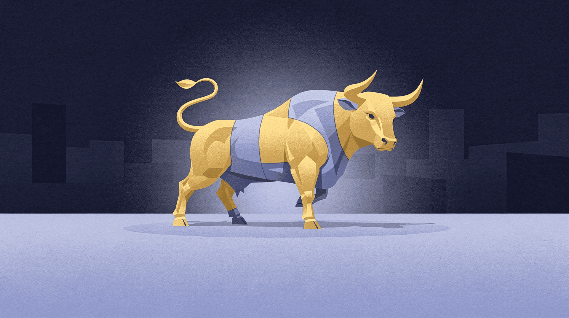 Stylized golden bull with blue accents standing on a light blue surface, against a dark blue background with city silhouettes.
