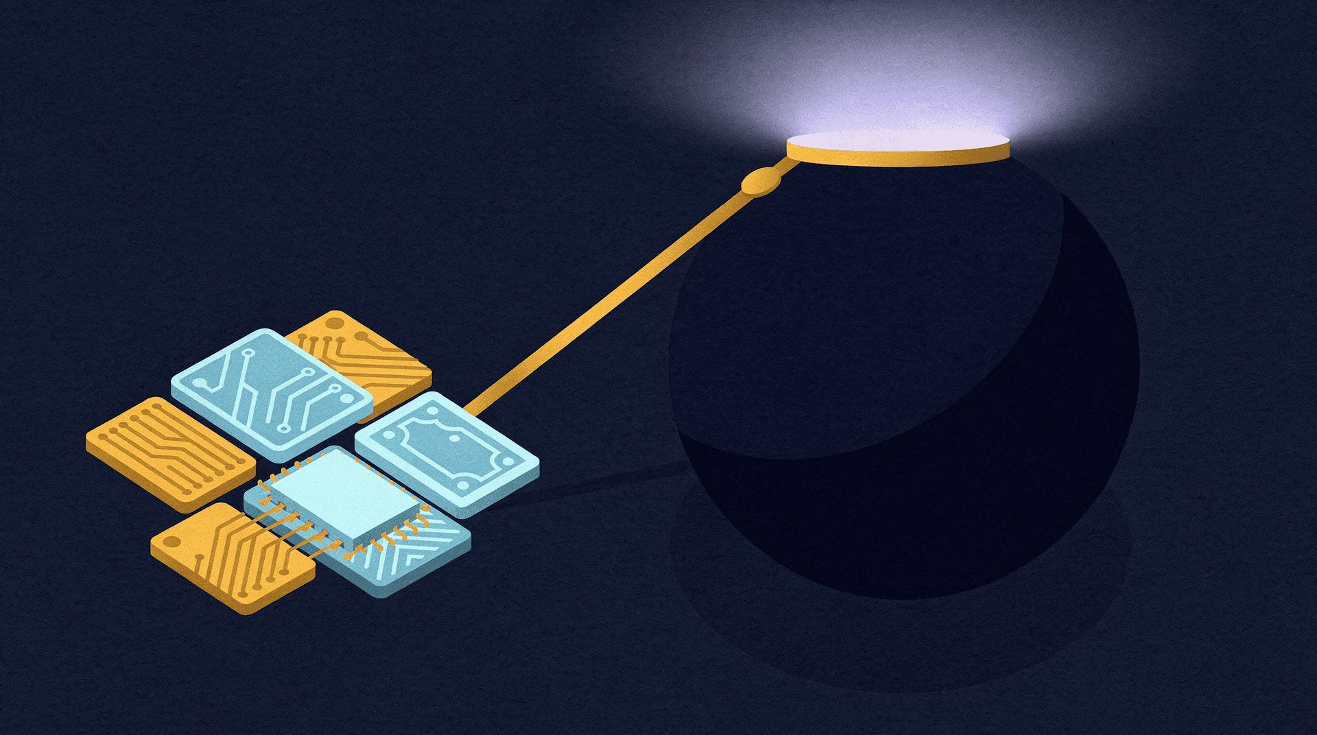 Illustration of various light-blue and gold computer chips connected by a gold wire to a large, dark, glowing power source.