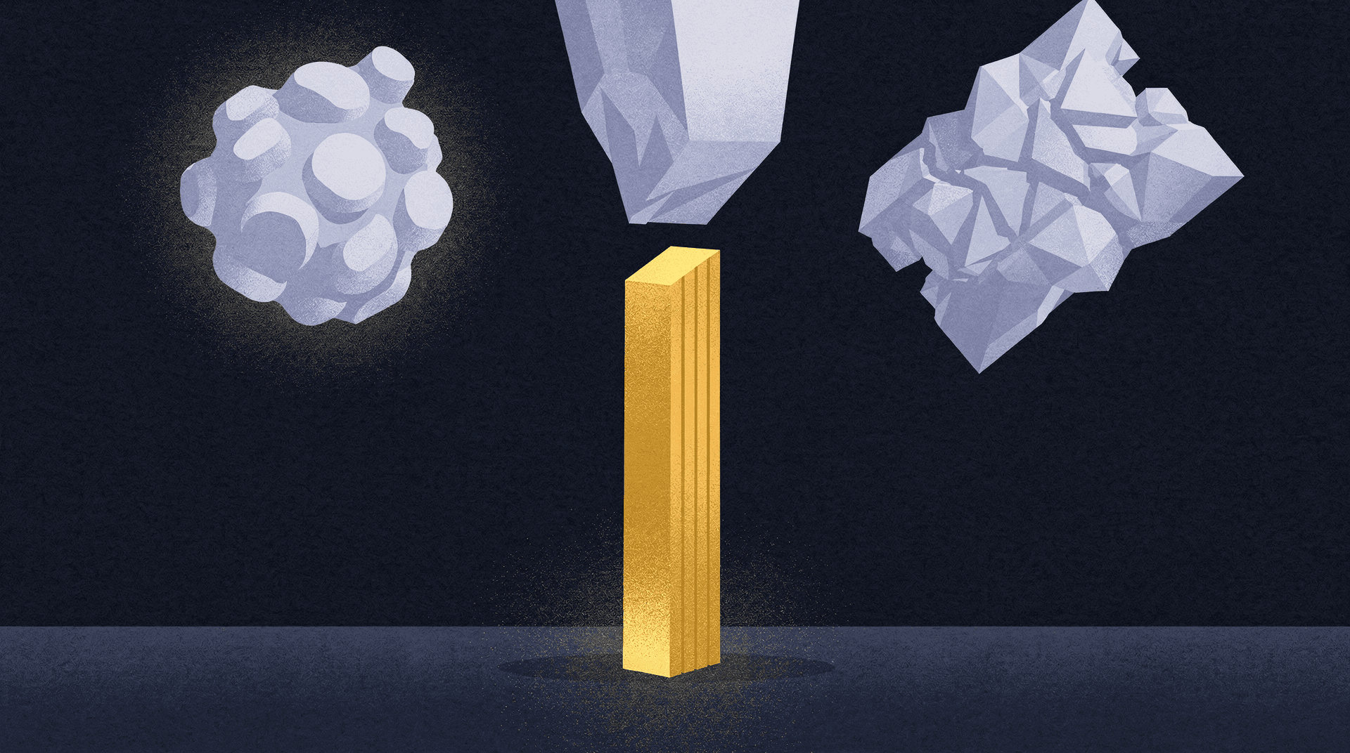 An illustration of a tall, golden bar standing upright, with three different abstract, light-grey shapes hovering above it.