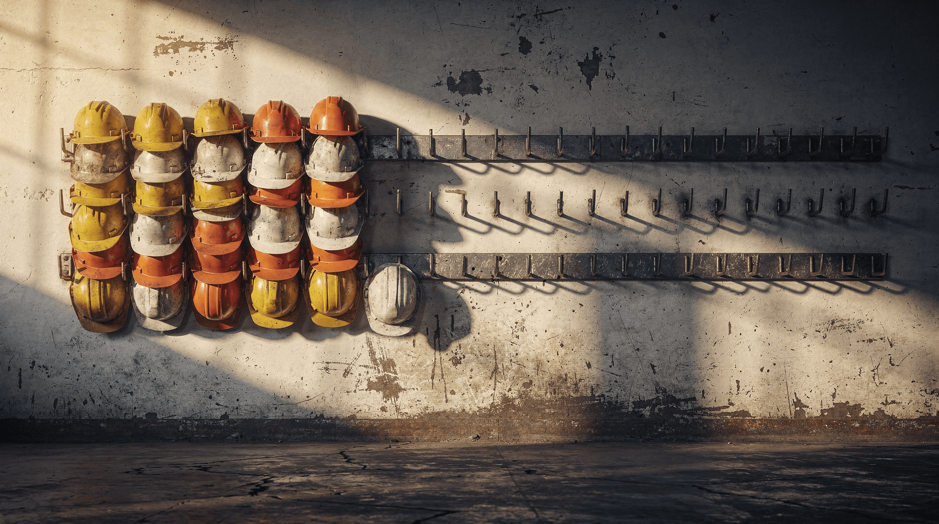 A lit factory break room with hard hats fades into a dim, quiet storefront with a blurred hiring sign beyond.