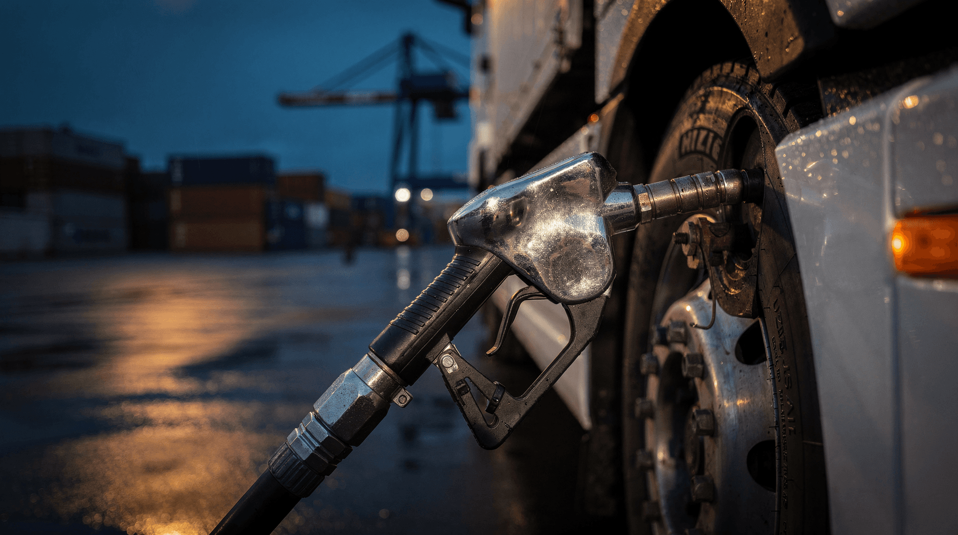 Diesel pump nozzle fueling a semi-truck at dusk with a hazy container port and crane in the background