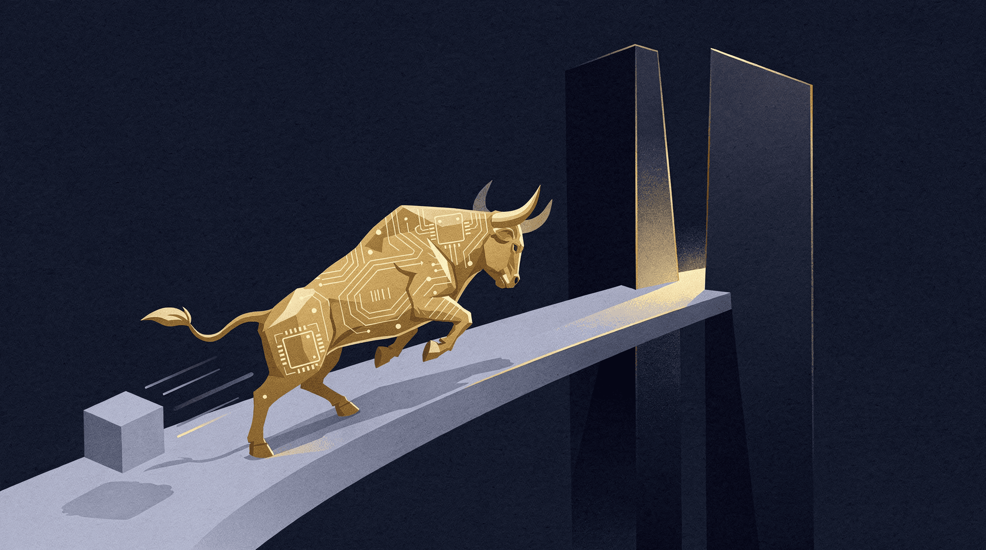 A stylized golden bull, textured with circuit board patterns, leaps up a ramp towards a bright opening between dark pillars.