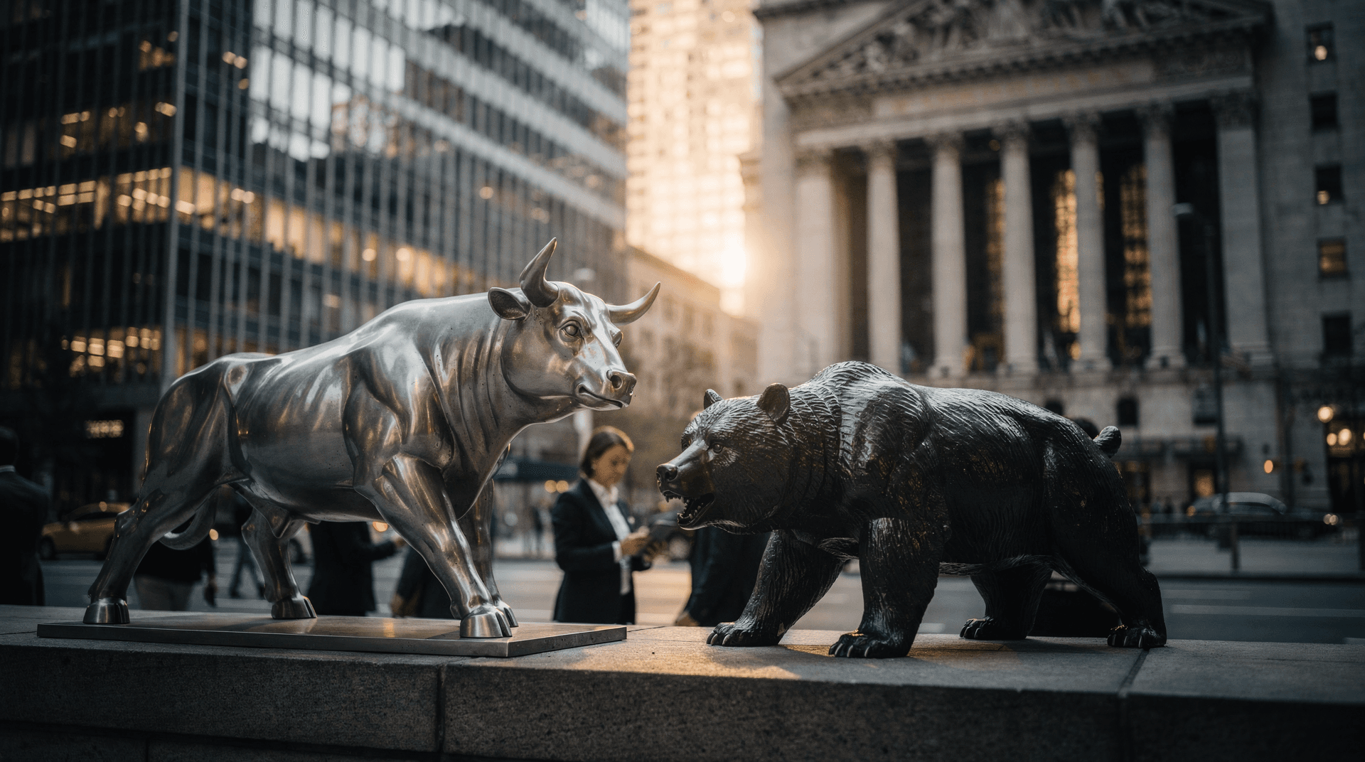 Bronze bull statue and black bear statue facing each other in a city street, with financial buildings and people blurred in the background.