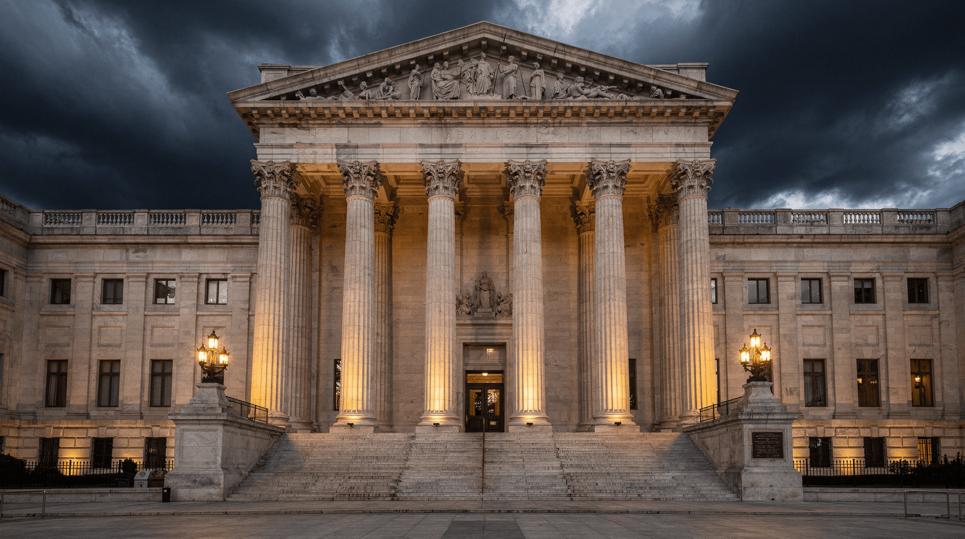 Neoclassical government building facade with tall stone columns under storm clouds at dusk