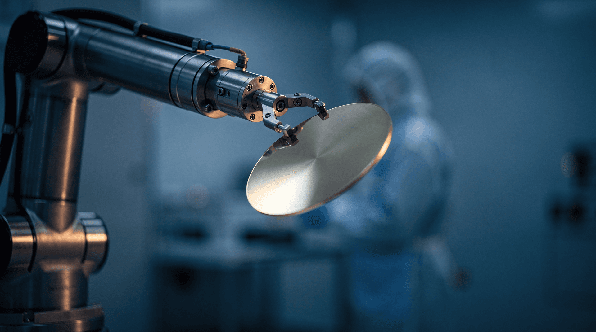 Robotic arm holds a silicon wafer catching rainbow light inside a hushed blue-lit cleanroom.