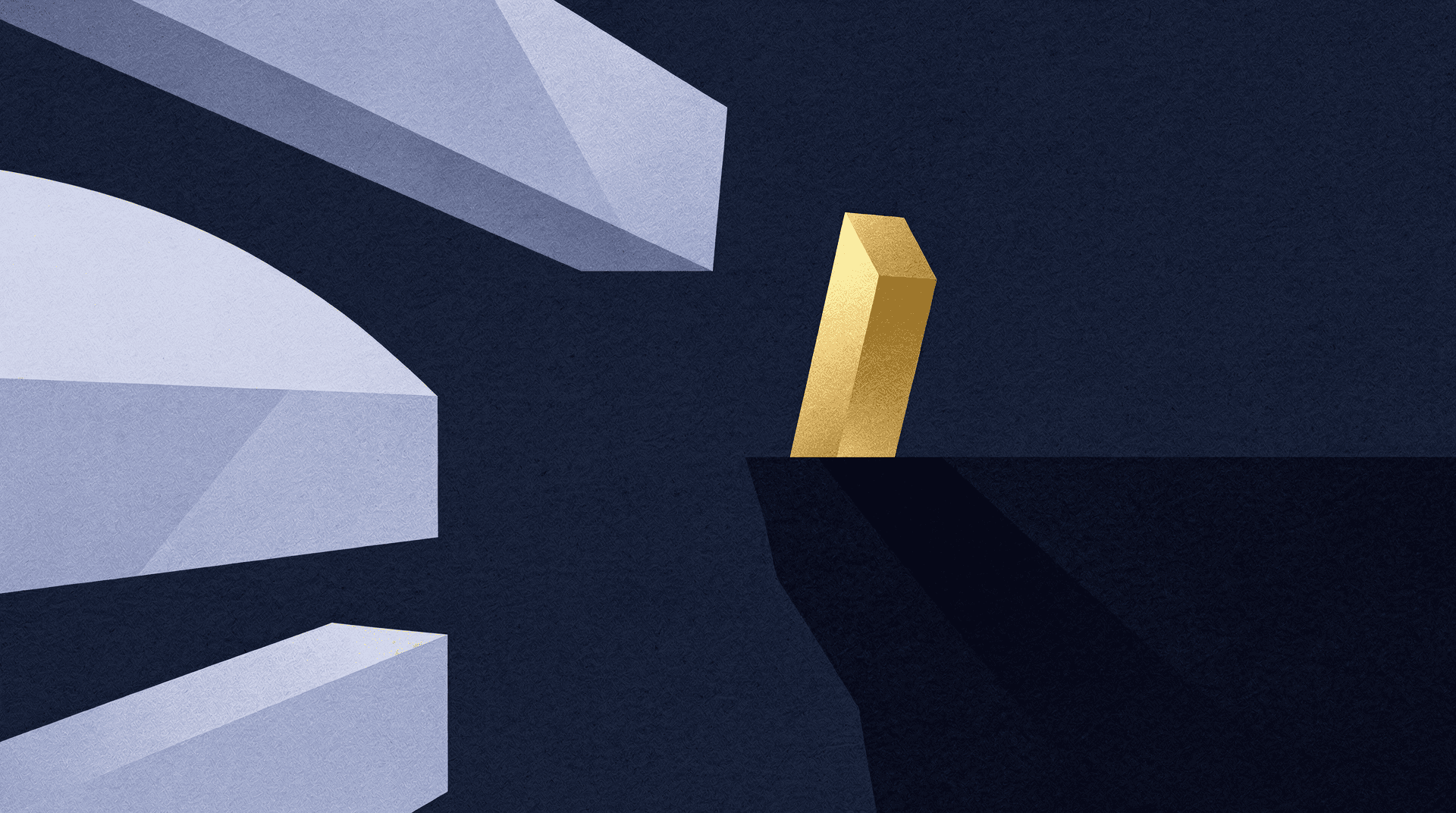 An abstract illustration with a golden bar precariously balanced on an edge, with large grey geometric shapes looming above it.