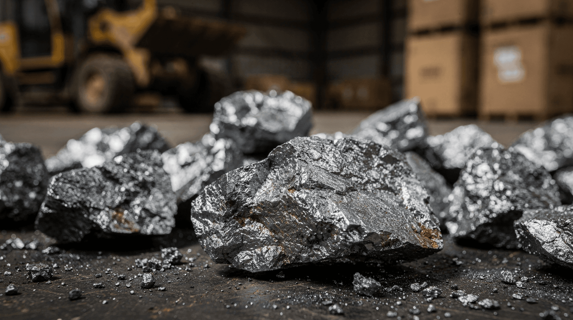 Close-up of shiny, dark grey-black raw mineral chunks, possibly tungsten, on a dark surface, with blurred industrial background.