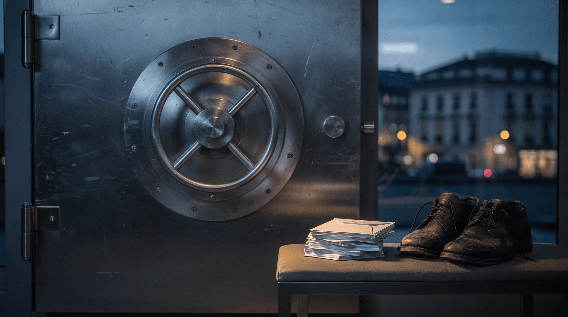 A massive steel vault door towers over a small stack of sealed envelopes and folded uniform in dim amber light