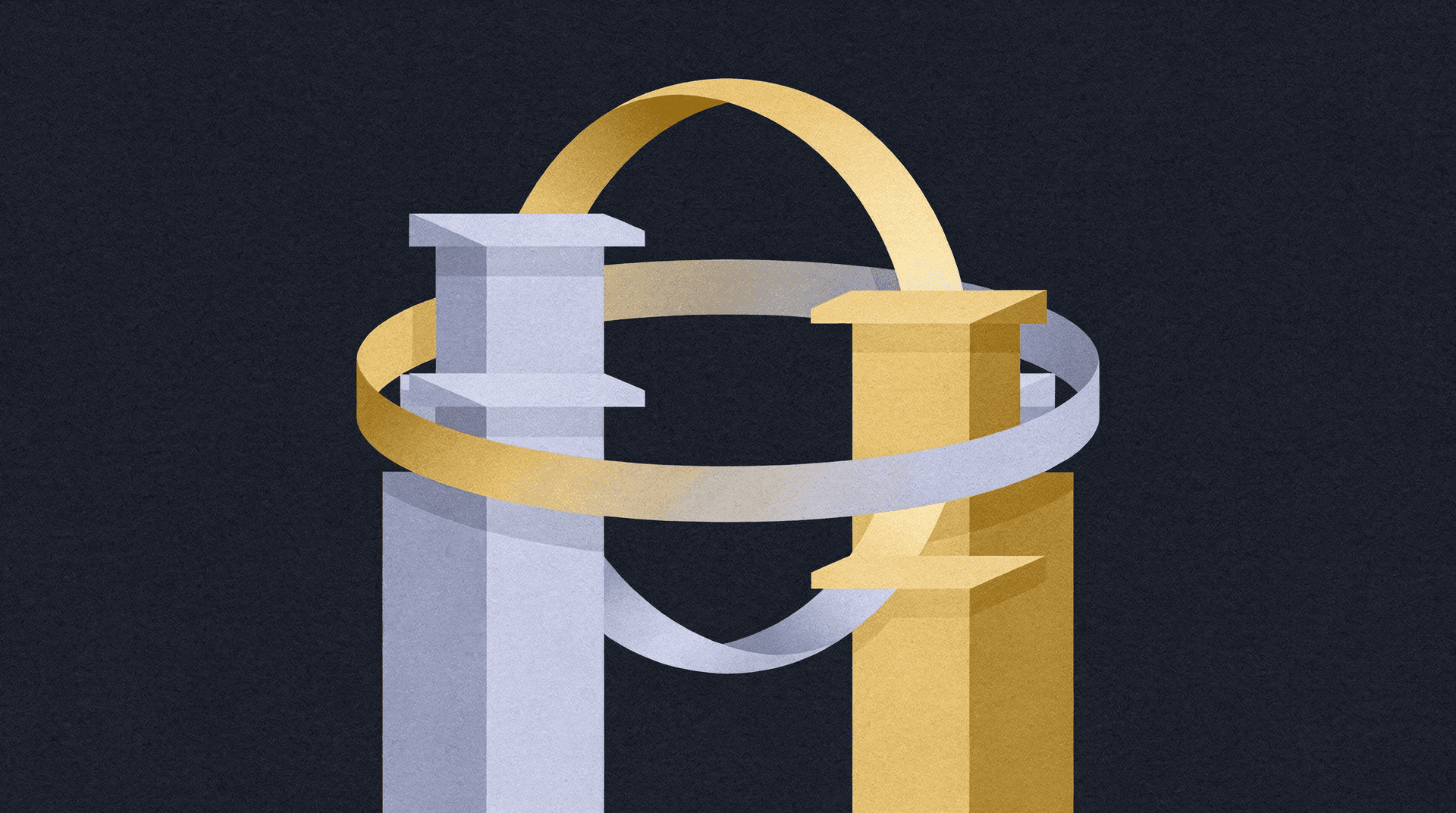 Two stylized pillars, one silver and one gold, are intertwined with silver and gold ribbons on a dark grey textured background.