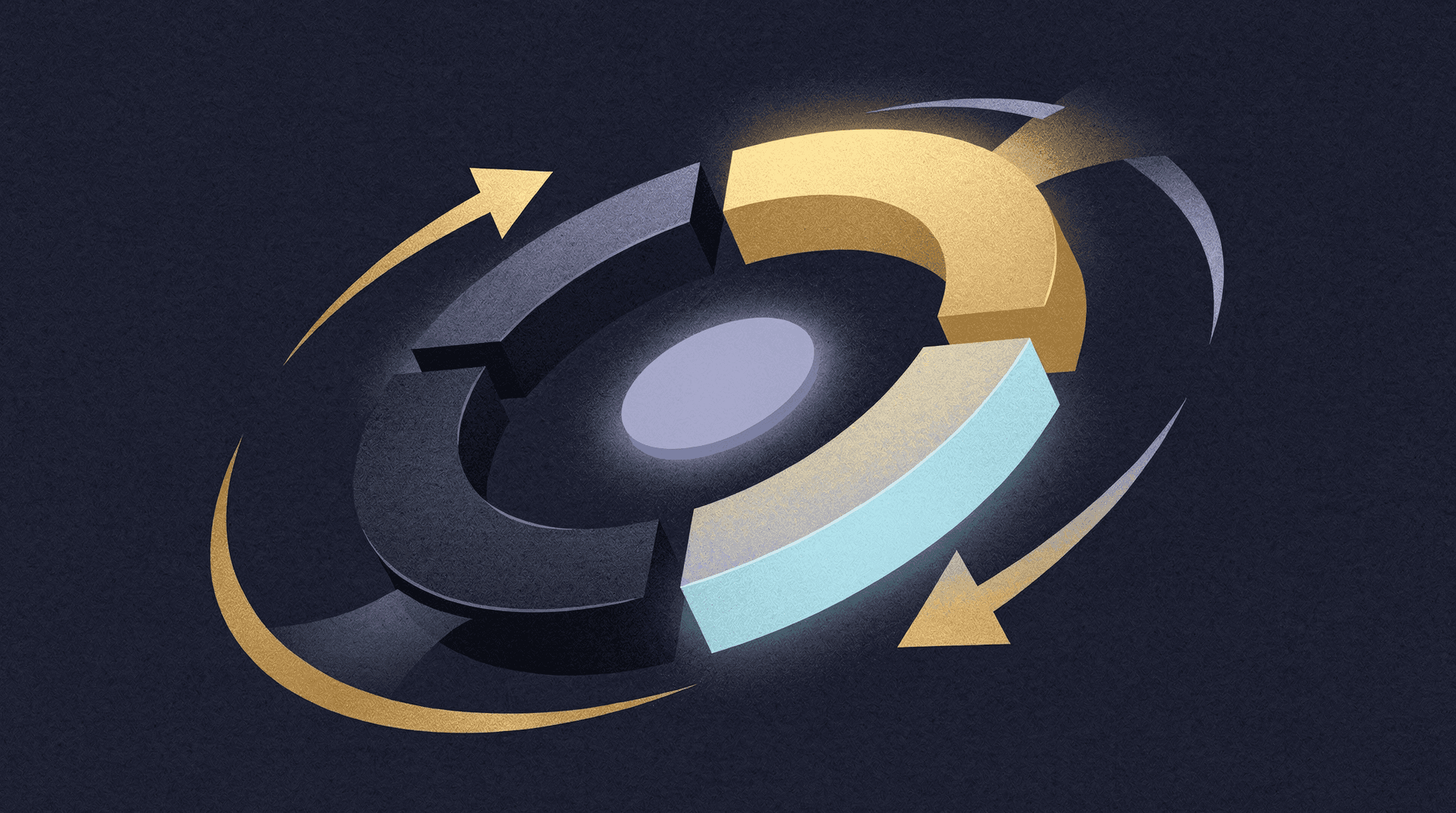 An abstract 3D icon resembling a circular flow or rotation, with segments in dark gray, gold, and light blue, on a dark background.