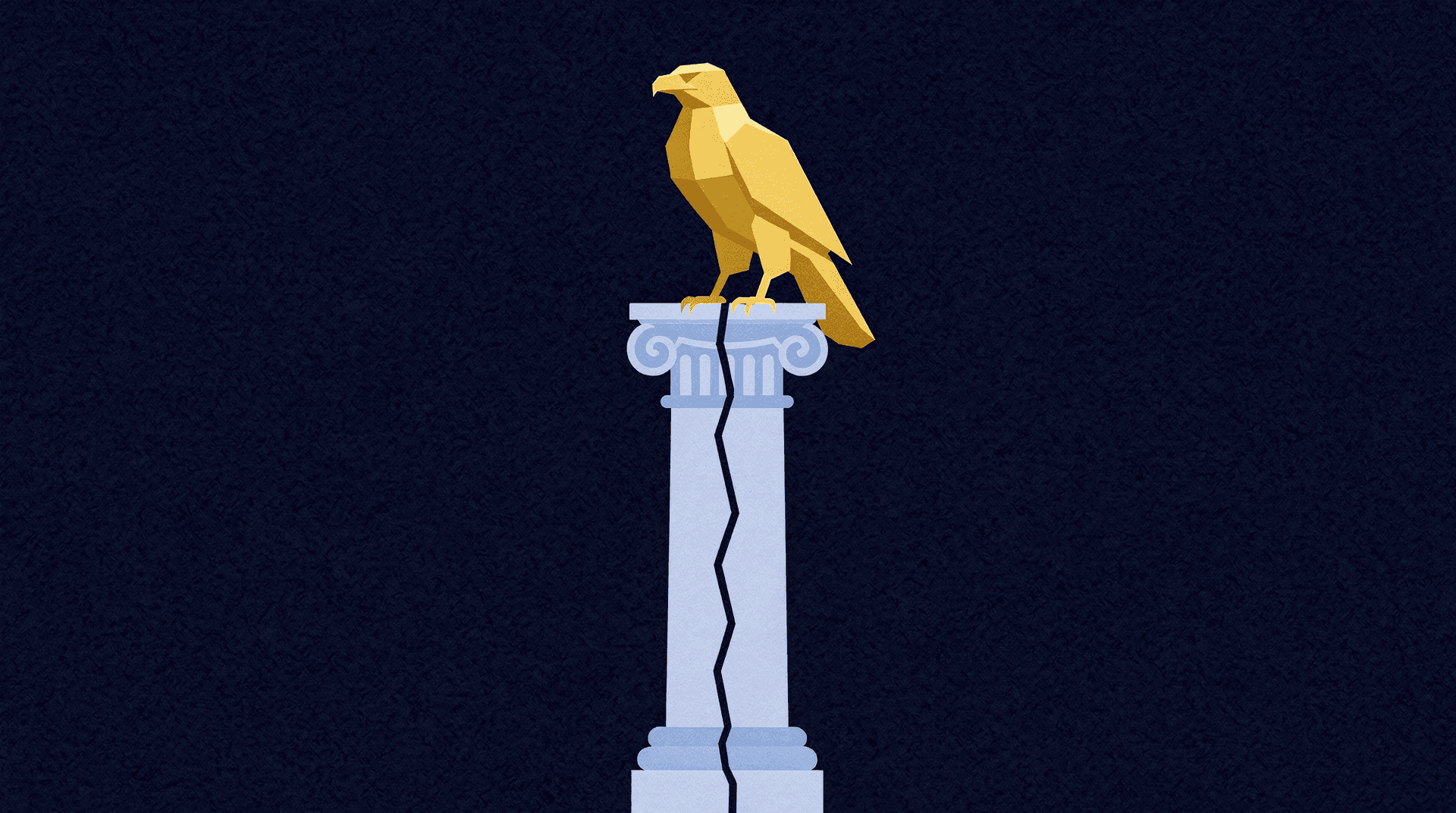 A golden, faceted eagle perches atop a light blue, classical column that is cracked down the middle, against a dark blue background.