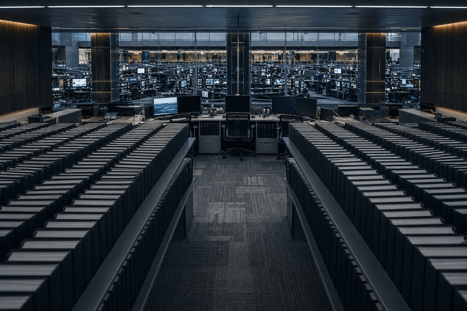 Rows of identical black binders on shelves stretch into the distance in a modern, dark-toned office with computer screens in background.