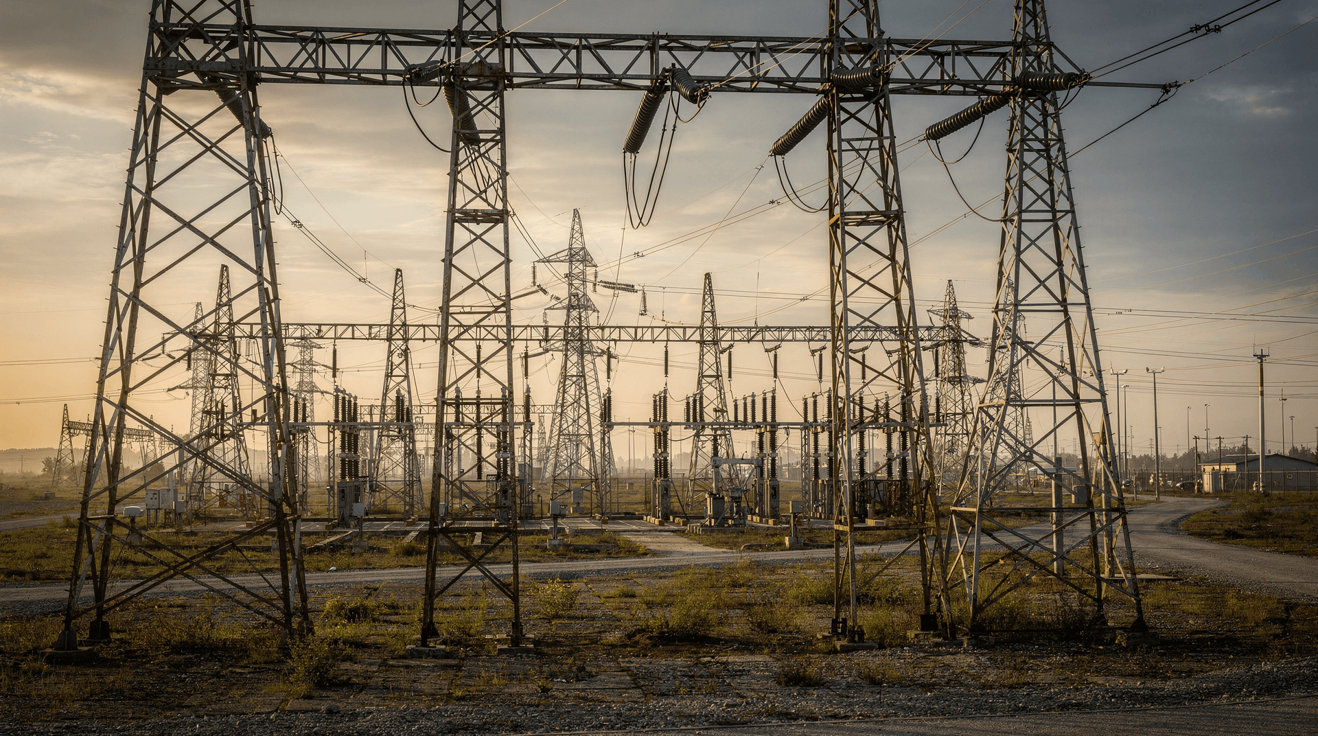Electrical transmission towers across open industrial landscape
