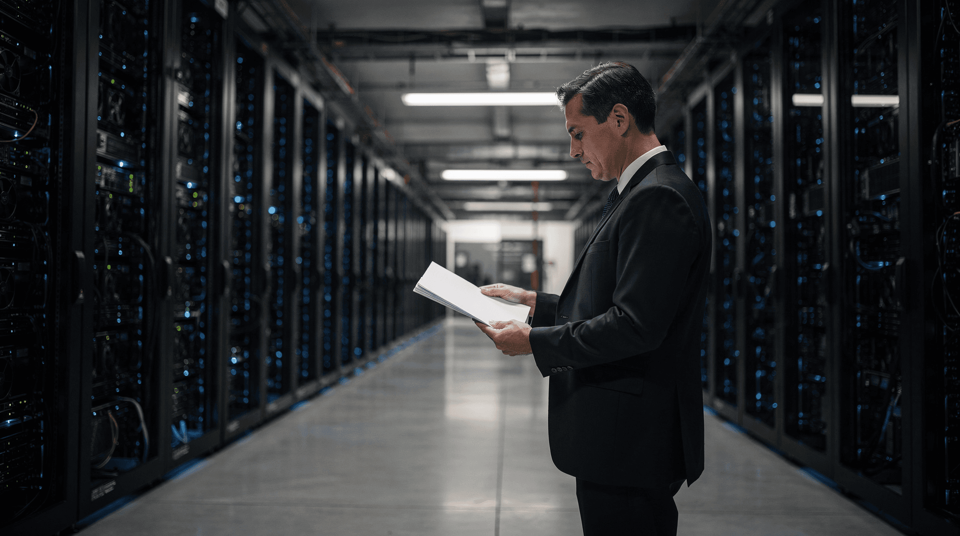 A man in a dark suit and tie stands in a server room, holding and looking down at a stack of white papers.