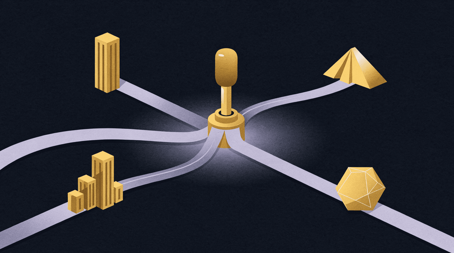 An isometric illustration showing a central golden lever from which several light gray paths diverge to different golden abstract shapes.