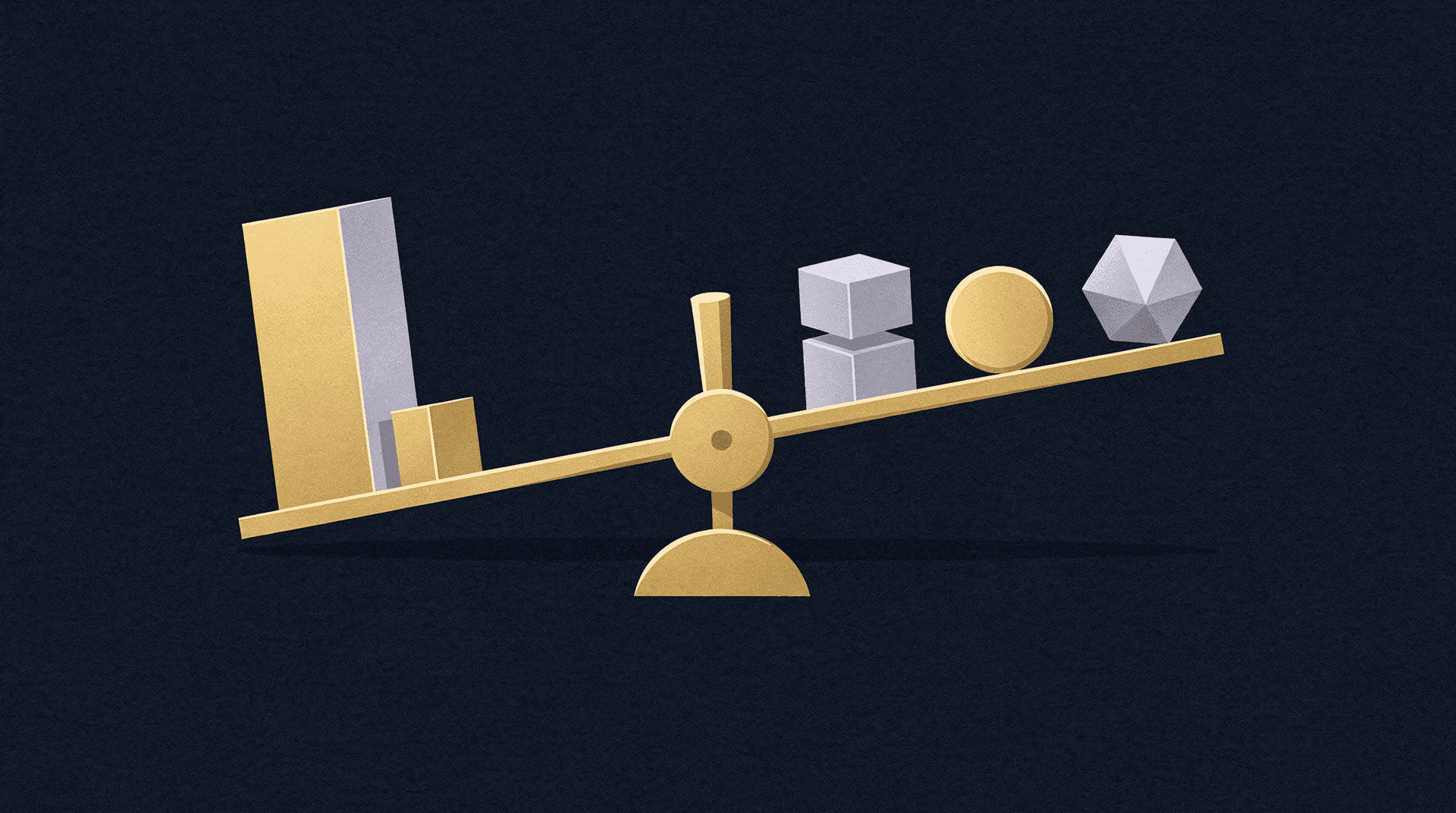 A gold balancing scale against a dark background, with the left side heavily weighted by gold and silver blocks, and the right side holding a gold coin, silver cubes, and a silver multifaceted gem, leaning upwards.