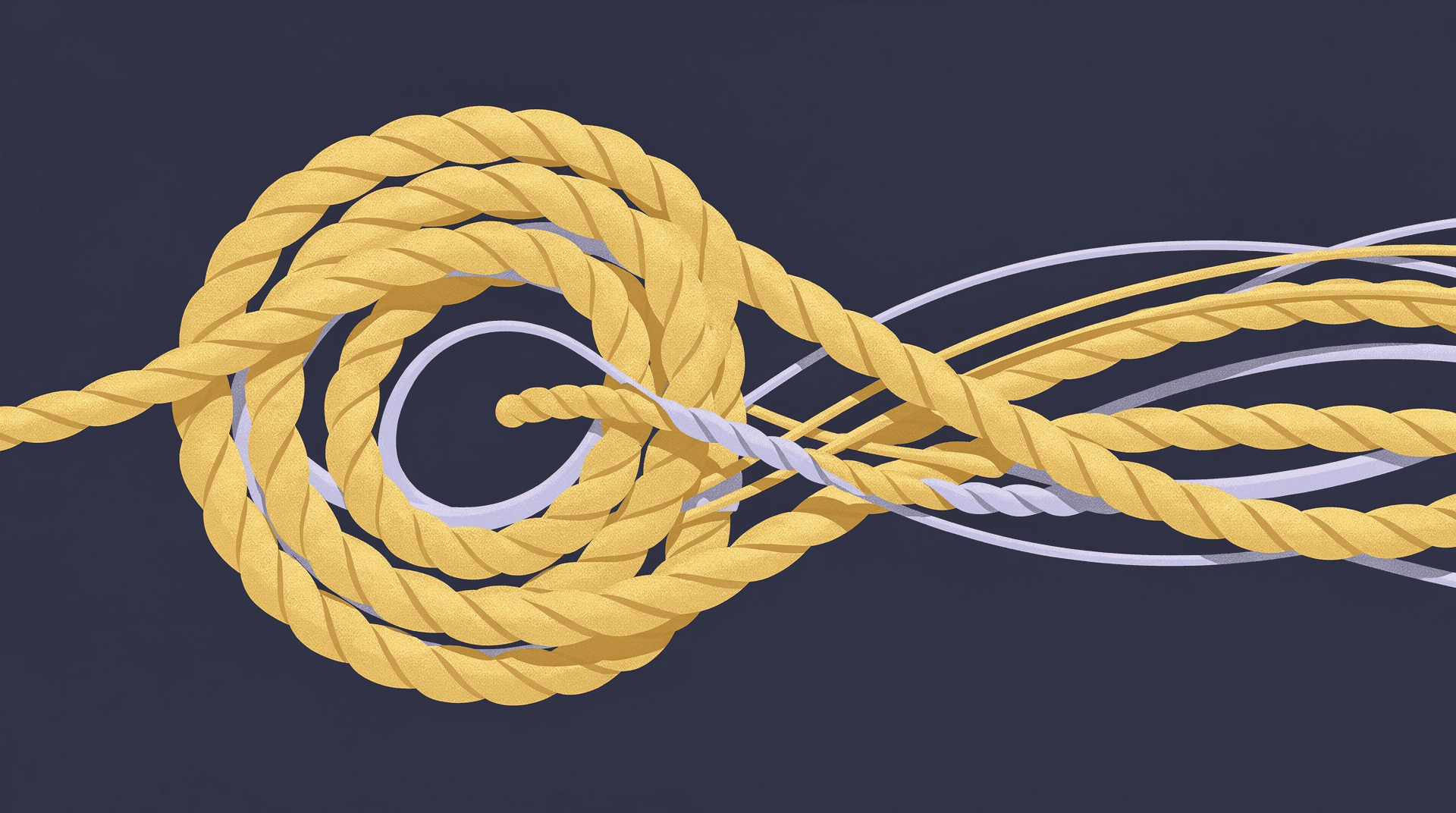 Editorial illustration of a golden rope coil unwinding into loose strands on a deep navy background