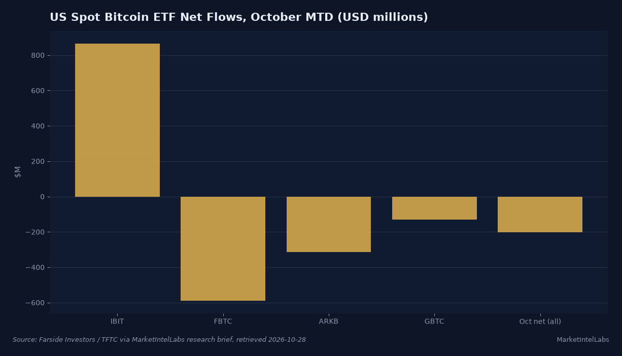 IBIT posted +$865M in October net flows while FBTC, ARKB and GBTC bled, leaving the month net negative. Source: Farside Investors / TFTC via MarketIntelLabs research brief