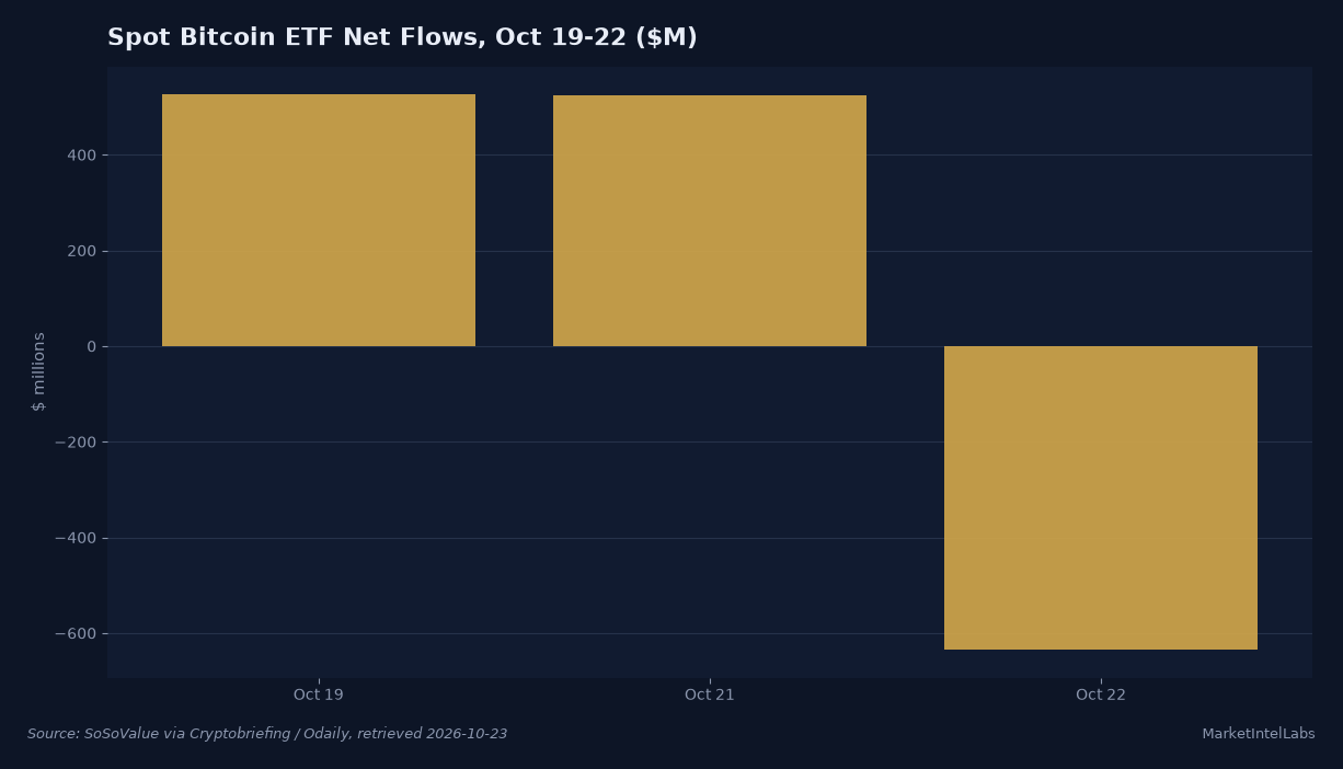 Spot bitcoin ETF net flows swung from $526.7 million on Oct 19 to $524.8 million on Oct 21 and then -$635 million on Oct 22, the reversal that ended a five-session inflow run. Source: SoSoValue via Cryptobriefing / Odaily, retrieved 2026-10-23