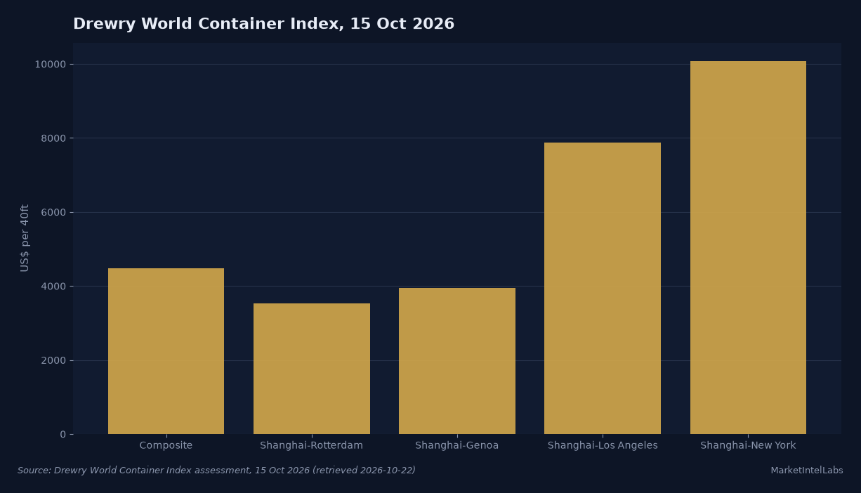 Drewry's World Container Index composite stood at $4,485 per 40-foot container on October 15, up 3 percent from a week earlier, with Shanghai to Rotterdam at $3,522, Shanghai to Genoa at $3,945, Shanghai to Los Angeles at $7,884 and Shanghai to New York at $10,075. Source: Drewry World Container Index, October 15 2026 assessment, retrieved October 22 2026.
