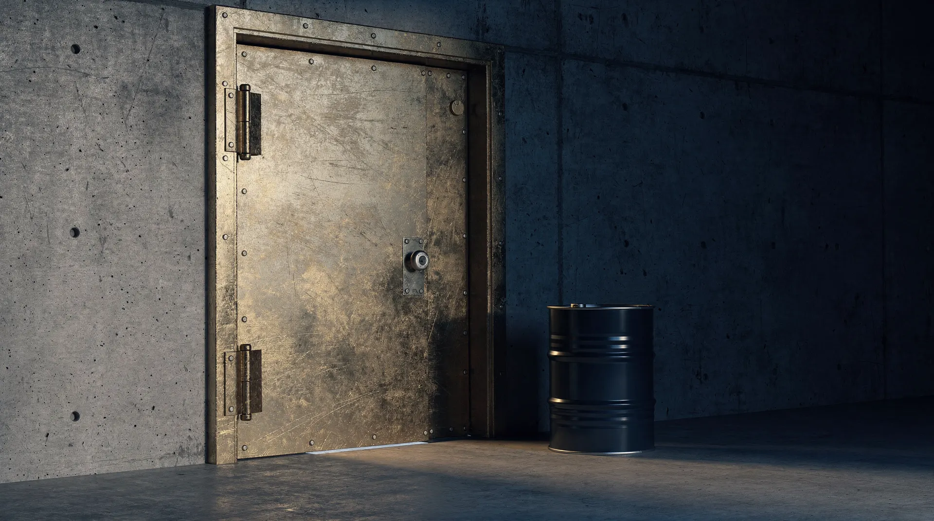 A steel bank vault door stands beside an unmarked oil barrel in cool shadow and warm side light.
