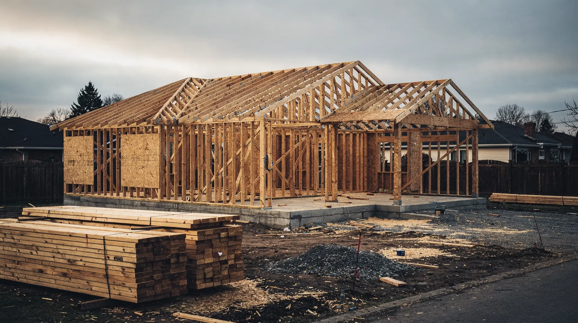 An unfinished house with exposed timber framing stands beneath an overcast sky.